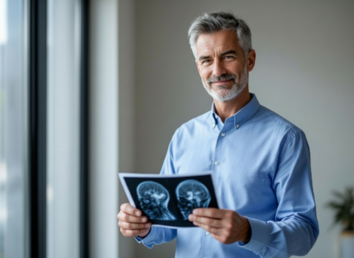 A middle-aged man with gray hair and beard wearing a blue dress shirt, holding and looking at brain scan images in a clinical setting.