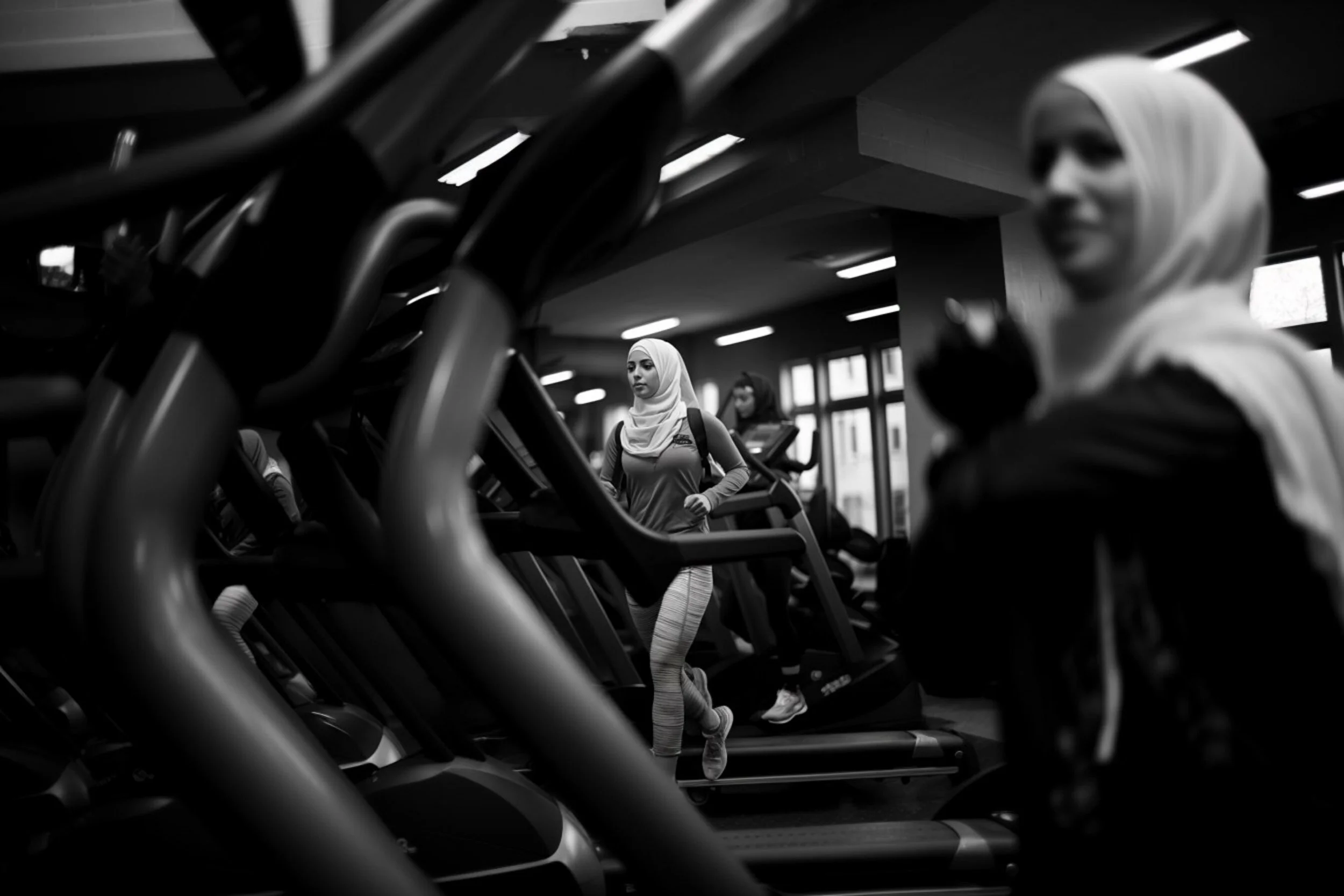 Black and white photo of women exercising on treadmills in a gym, with one woman in the foreground smiling and another in the background walking.