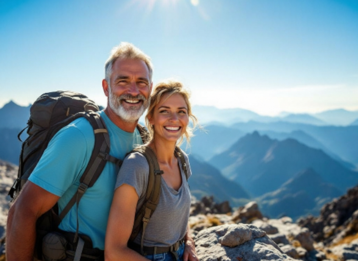 A happy middle-aged man and woman with backpacks hiking in a mountainous landscape with blue sky and rocky terrain.
