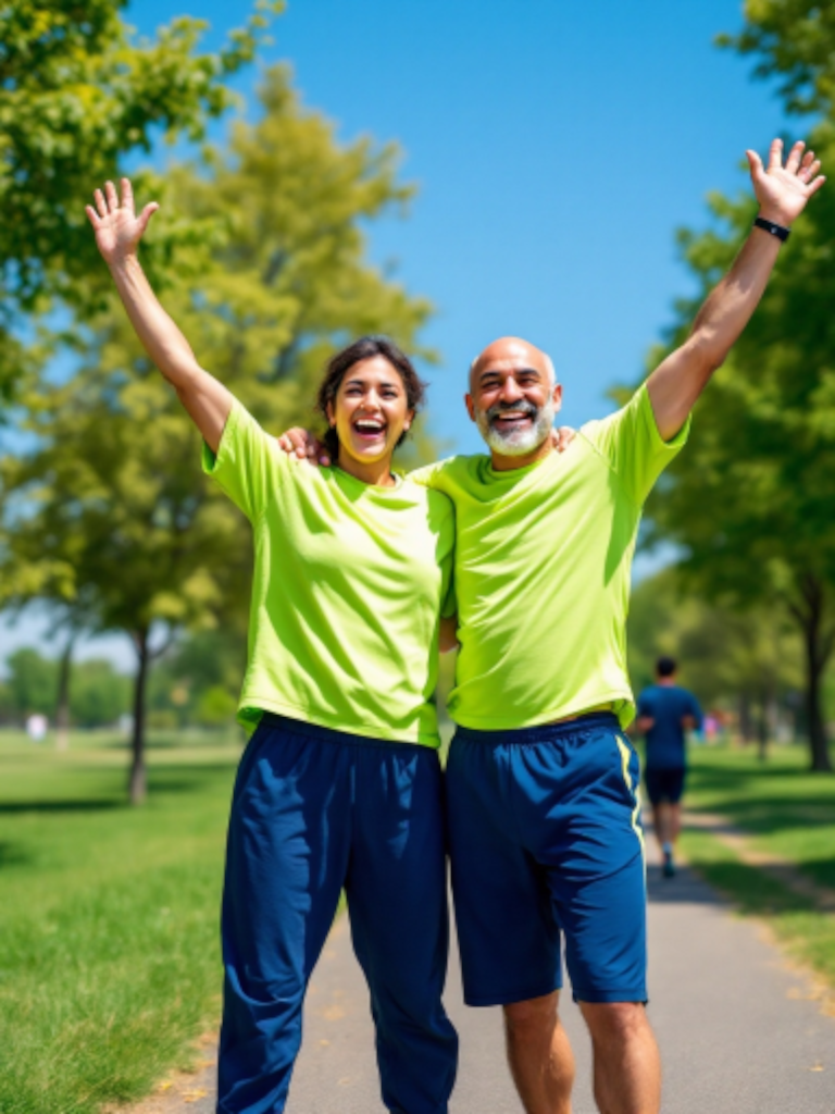 Two people in lime green shirts and blue athletic pants stand outdoors on a sunny day, smiling with arms raised, in a park with green trees and a clear blue sky.