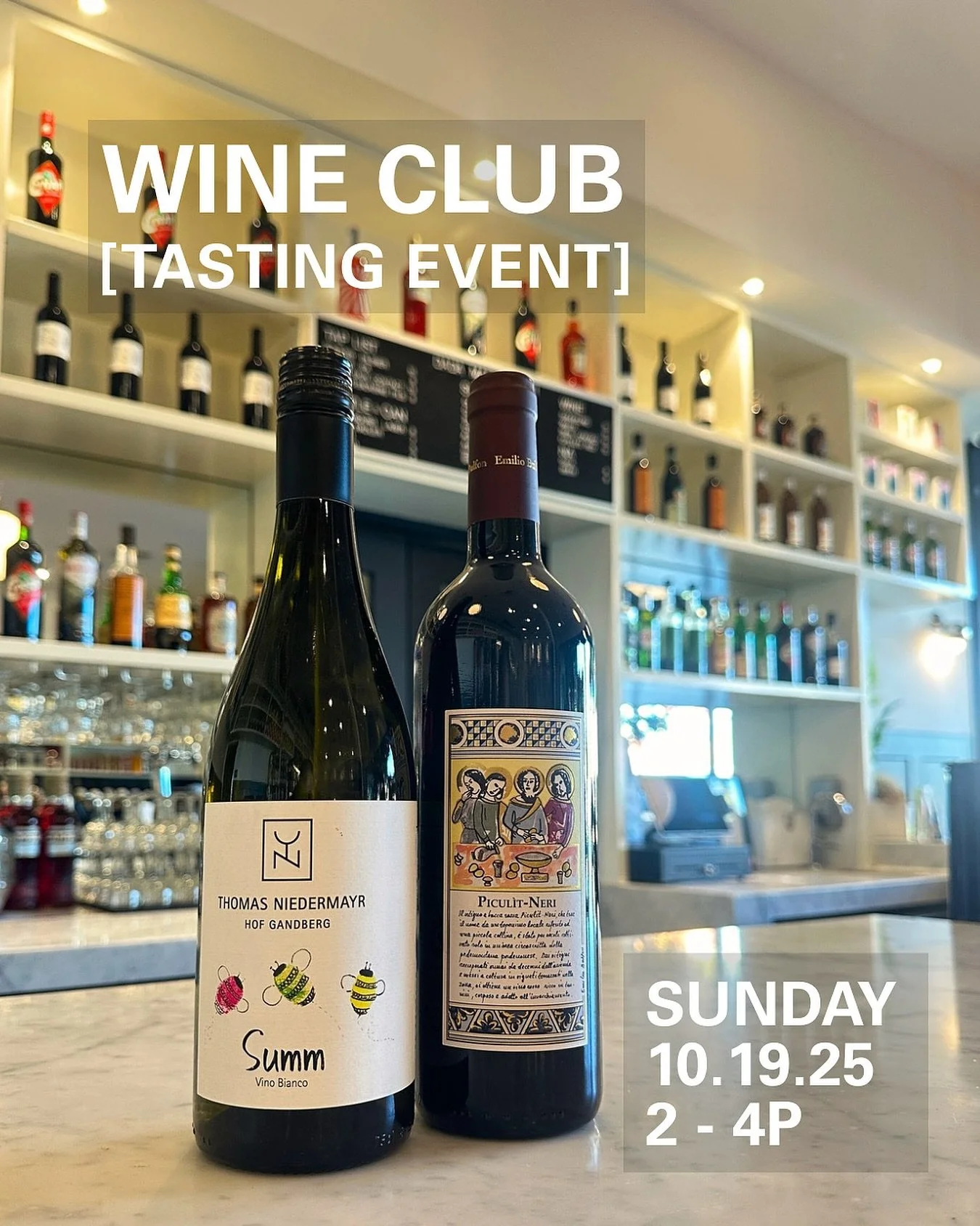 Join us for our 
WINE CLUB
[TASTING EVENT]

SUN 10.19.25
2-4P

Wine Director SAM SACHS takes us into the past and future of Northern Italian winemaking. 
+ sample some cheese selections from our market  $20 for 3 pours $10 for WINE CLUB members and n