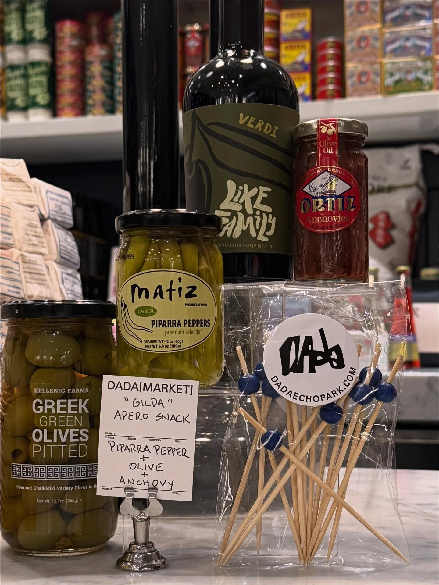 GILDA SUPPLIES @dadamarketechopark 
@matiz_foods Piparra Peppers
@hellenicfarms Olives
@conservasortiz Anchovies
@likefamily___ Olive Oil