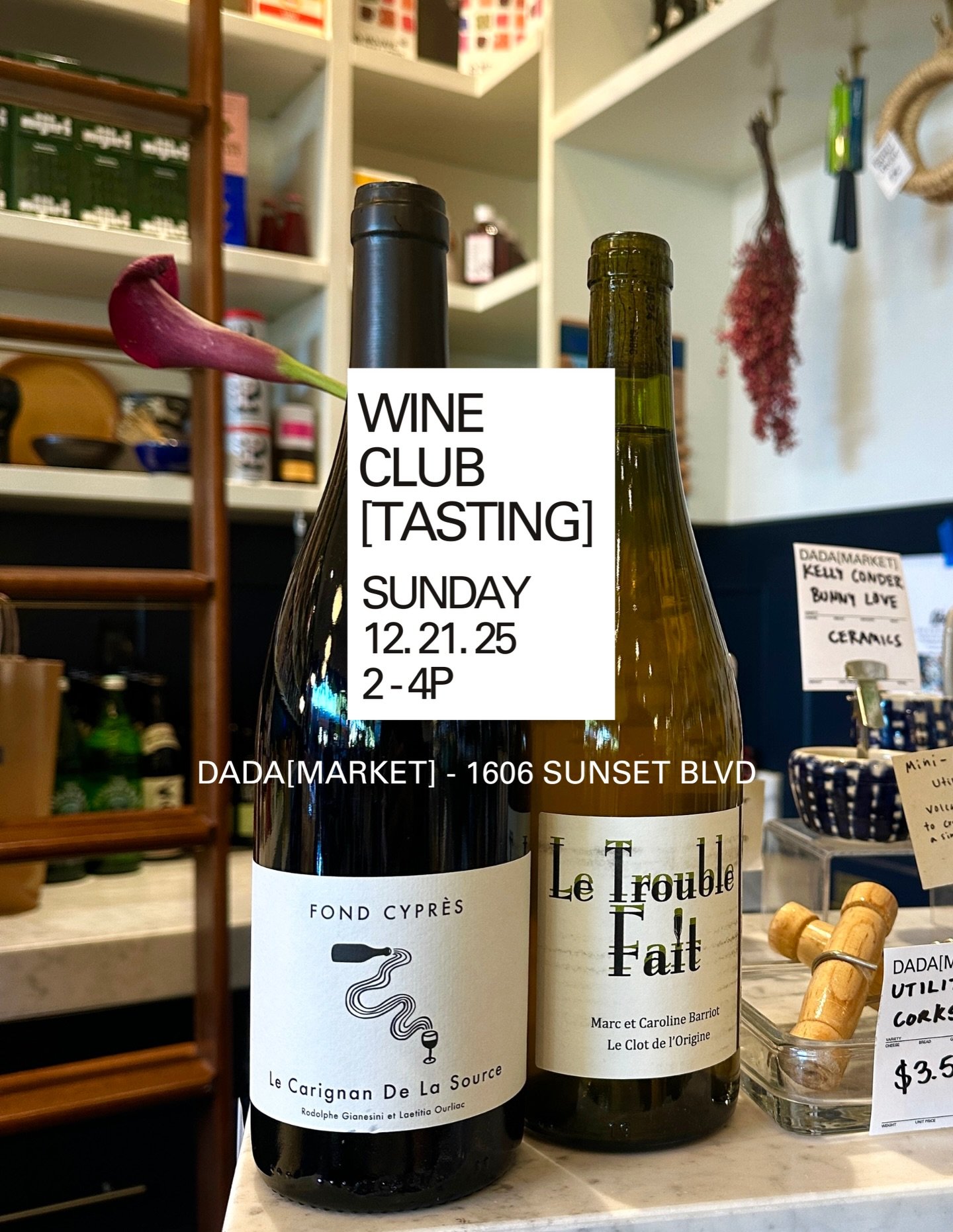 WINE CLUB [TASTING]
SUN 12.21.25
2-4P

Wine Director SAM SACHS is taking us to Southern France, just in time for holiday tables.

$20 for 3 pours
$10 for WINE CLUB members and new sign-ups (enroll at Link in Bio). Members also receive a 10% bottle di