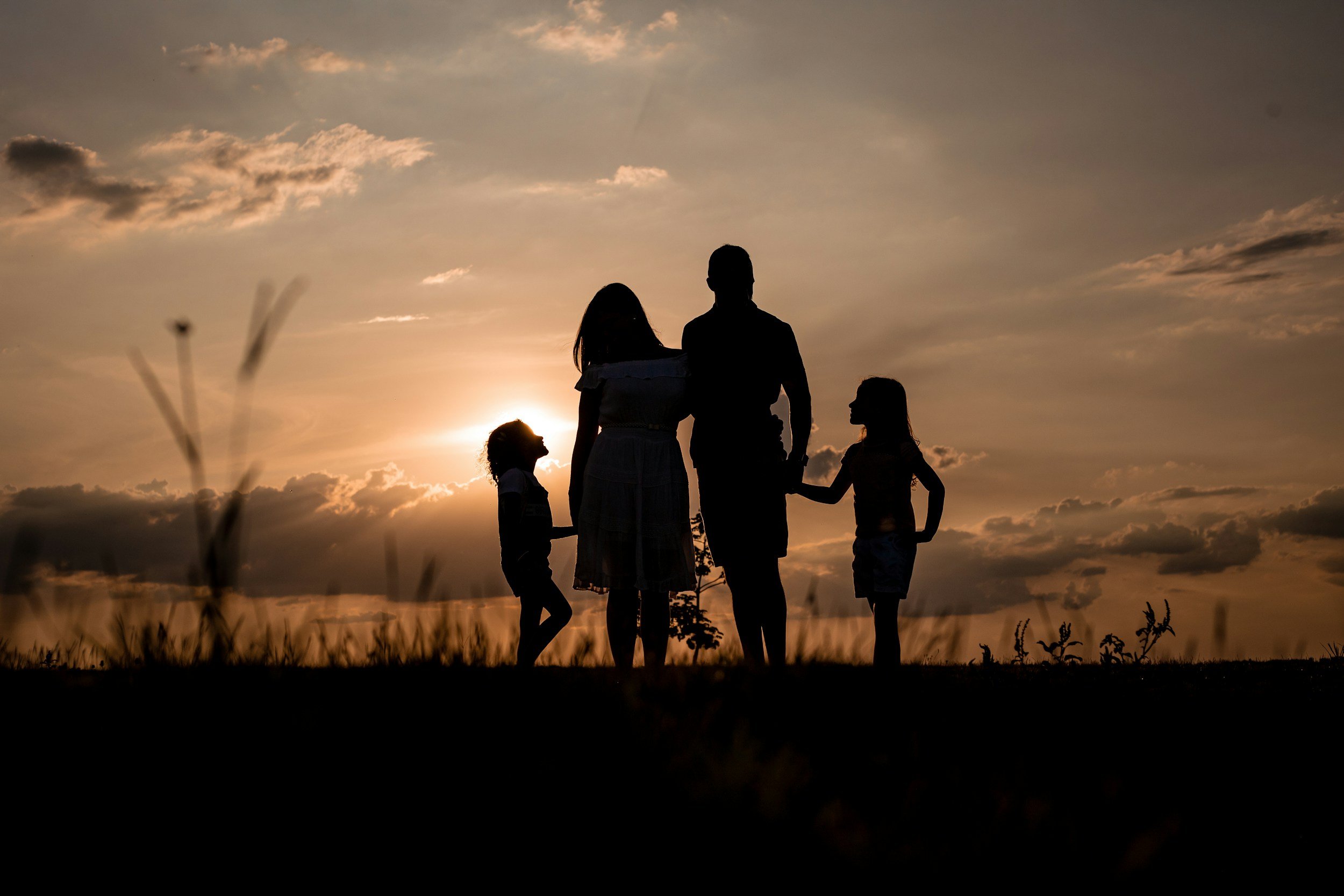 Silhouette of a family of five holding hands during sunset in a grassy field to promote estate planning and probate lawyer Kristen Weiss in Fort Lauderdale, Florida.