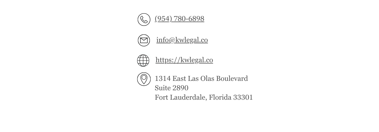 Business card with contact information for Kristen Weiss Legal, a south Florida estate planning law firm, including phone number, email, website, and address in Fort Lauderdale, Florida.