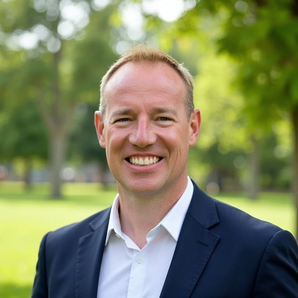 A smiling man in a white collared shirt and dark suit jacket standing outdoors in a park with green trees and grass in the background.