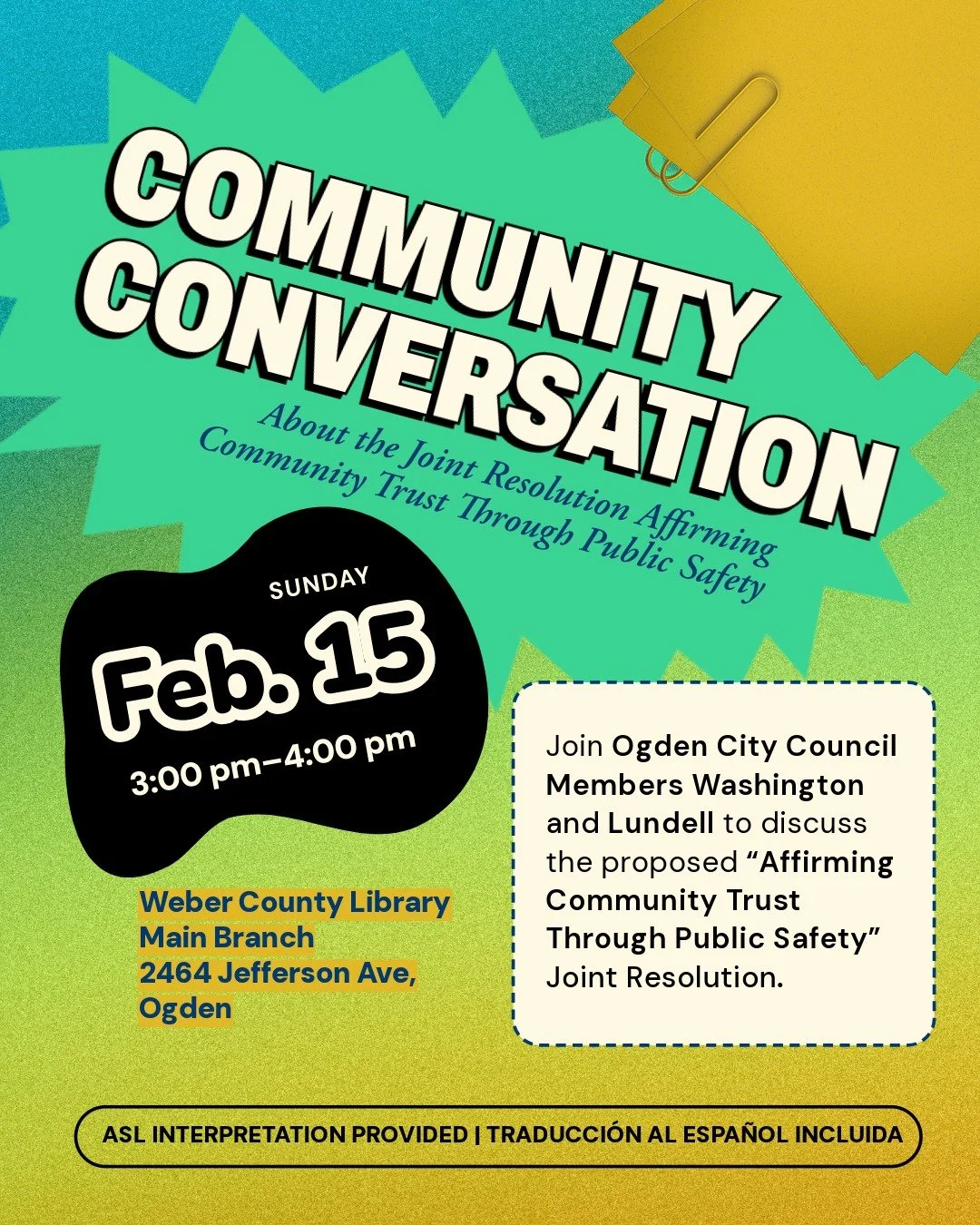 📣 Join the conversation // S&uacute;mate a la conversaci&oacute;n

This Sunday, Council Members Washington and Lundell will present their joint resolution to the community.  This is an opportunity to hear the &ldquo;why&rdquo; behind the resolution 