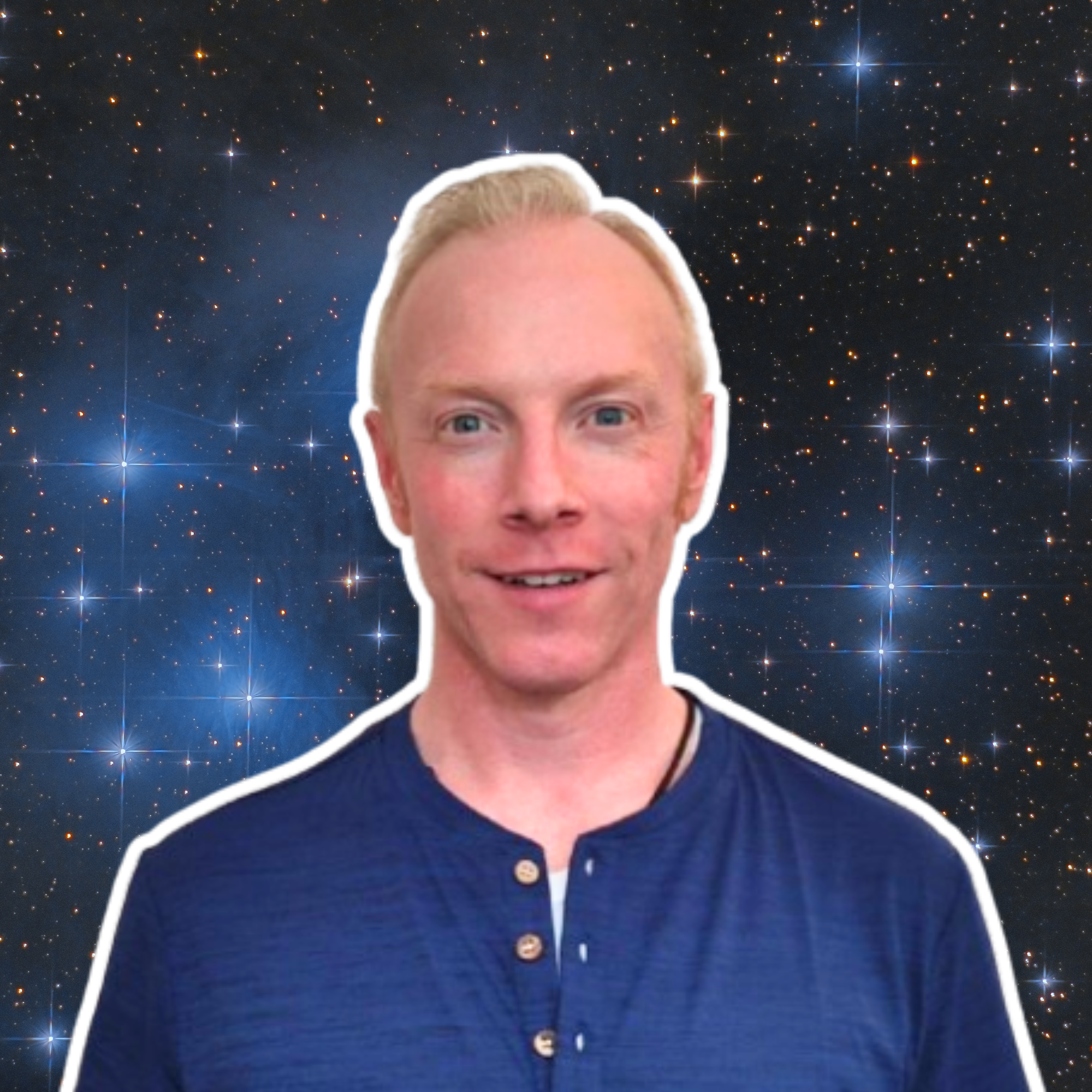 Part of a man's face and upper body against a starry background