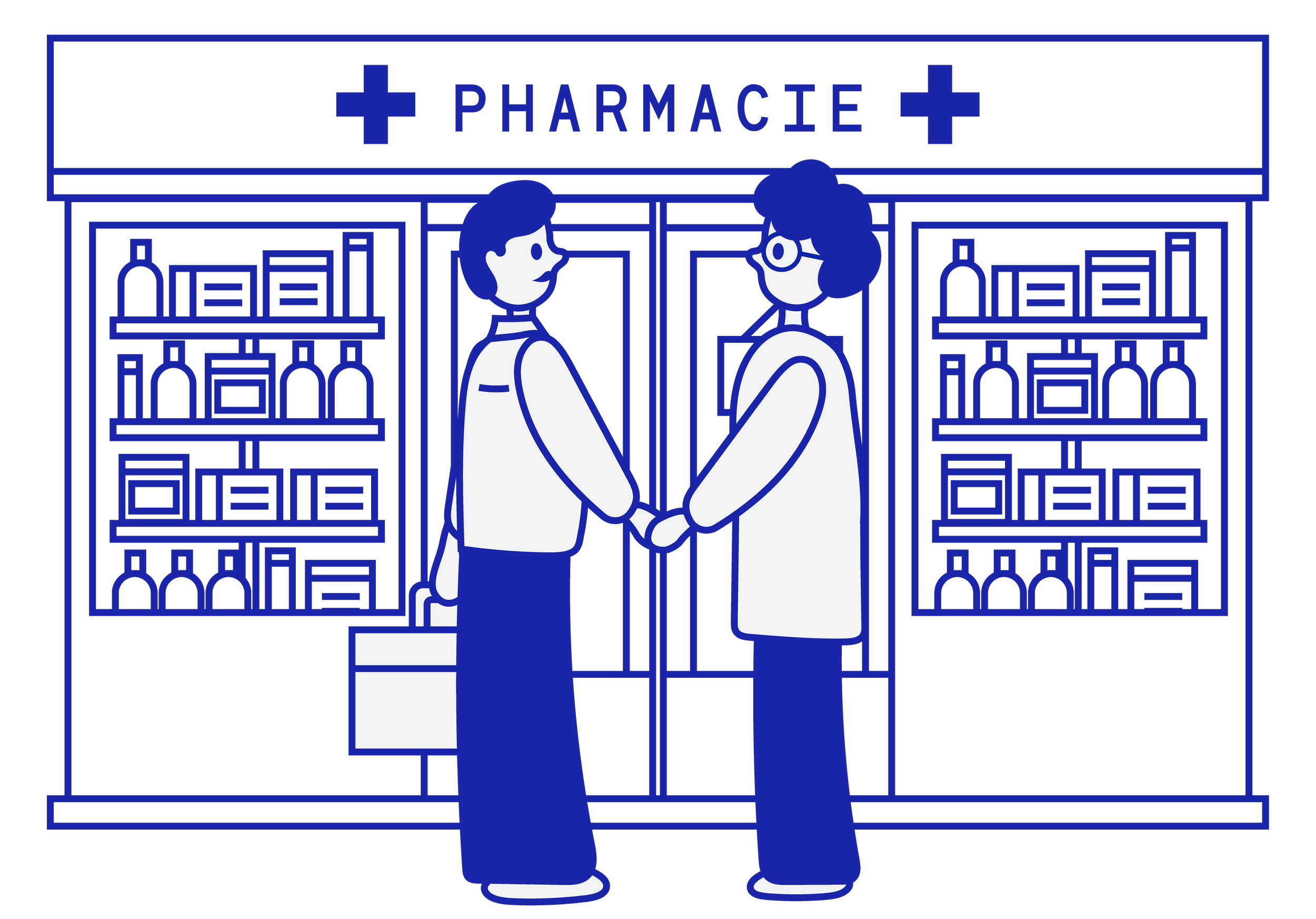 Deux personnes en chemise et manteau serrent la main devant une pharmacie, avec étagères de produits derrière eux.