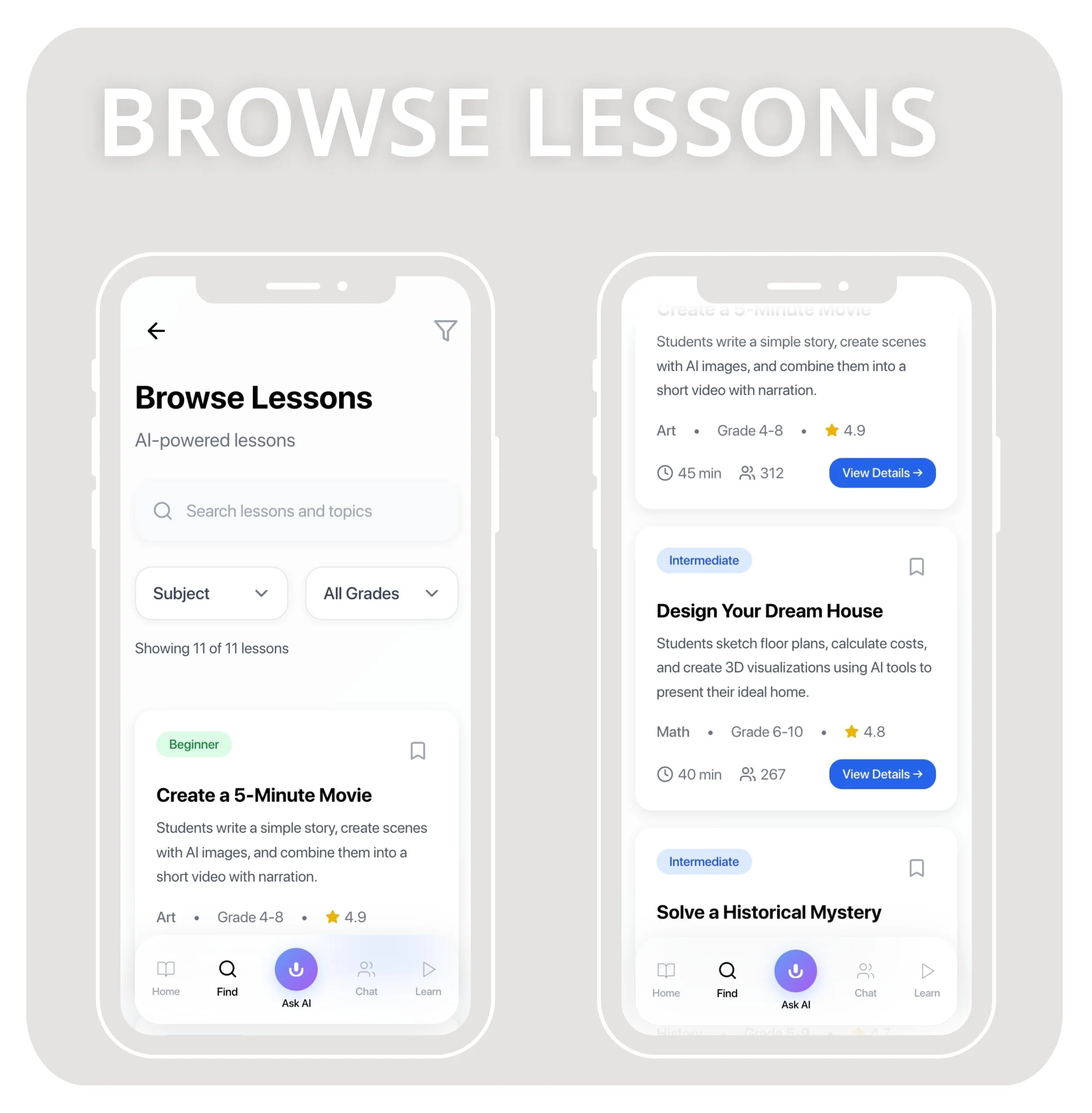 Browse Lessons screen