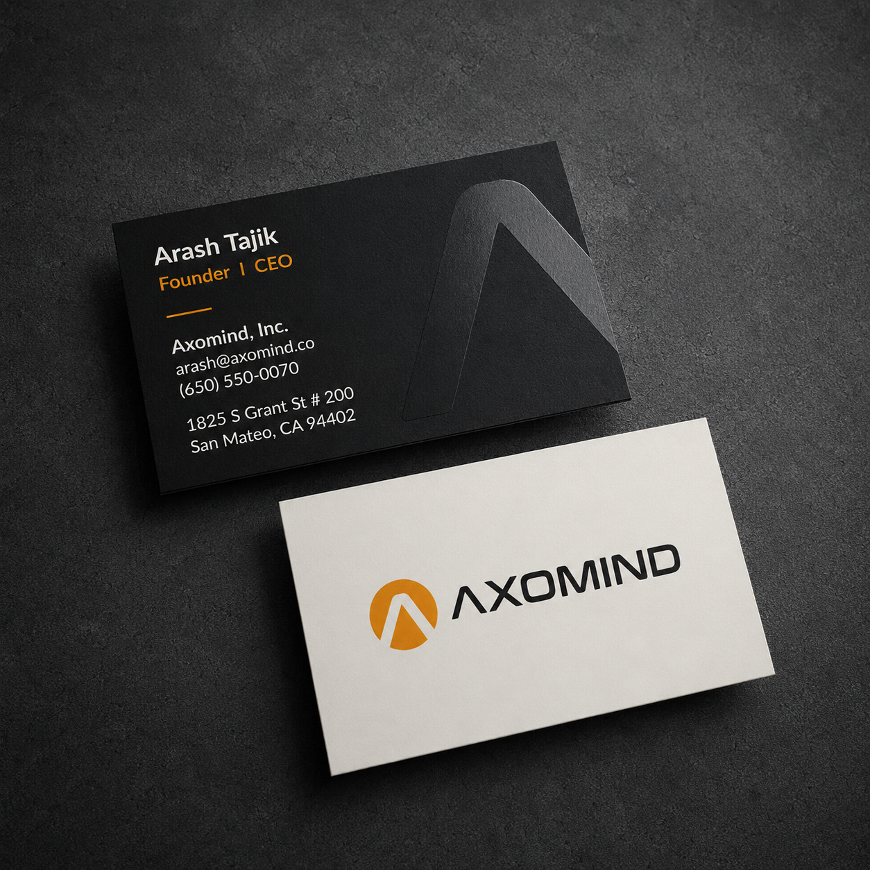Axomind business cards, front and back