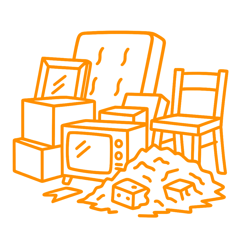 A line drawing of stacked old-fashioned television sets, a wooden chair, and a small pile of trash or debris on the floor.