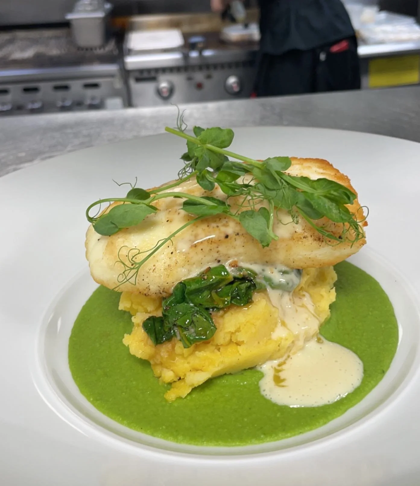 Seared halibut over swiss chard, aji amarillo mash, and a basil pea puree finished with a lemon beurre blanc!