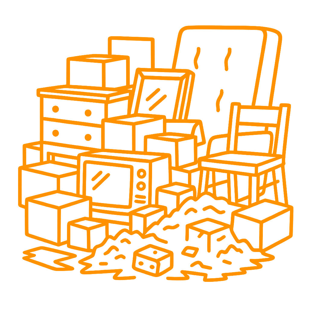 Outline of a cluttered room with furniture and boxes, including a chair, a desk, a dresser, and a television, all drawn in orange lines on a black background.