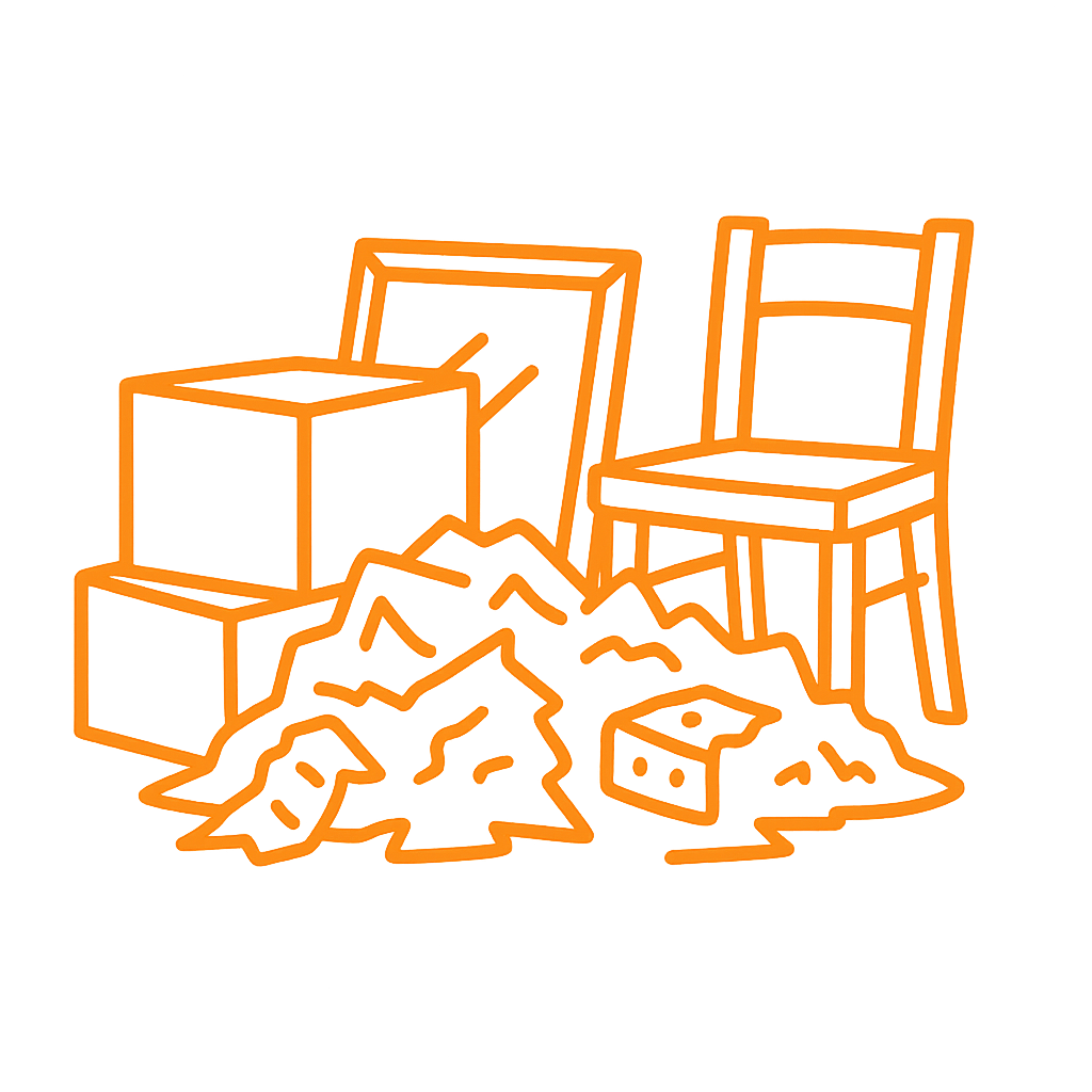 Neon outline drawing of a pile of rags, a cardboard box, and two chairs on a black background.
