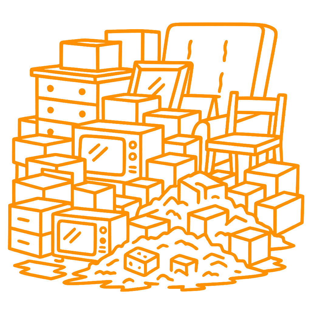Outline drawing of a pile of various old electronics, including television sets, computers, and boxes, stacked on a surface.