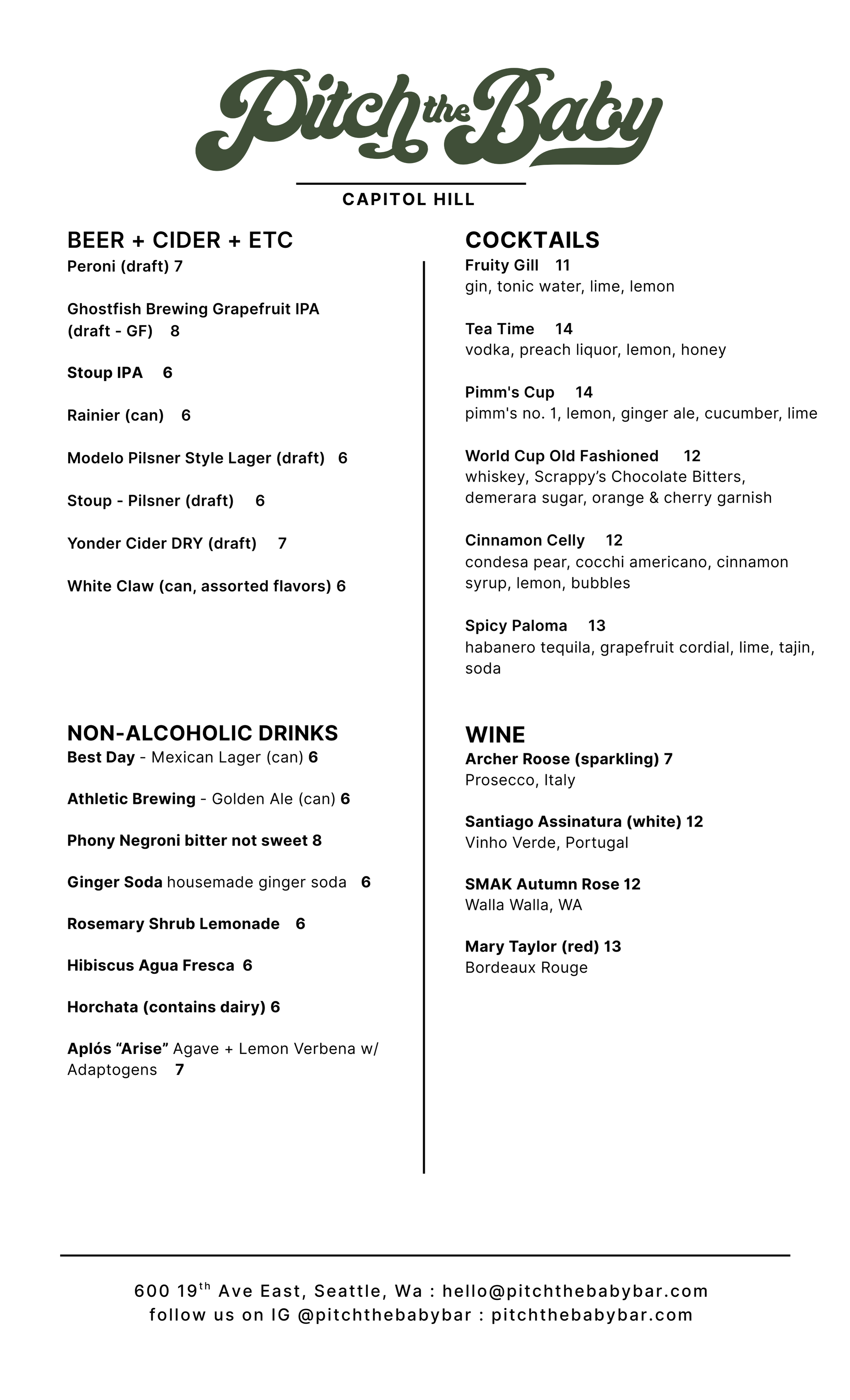 The menu from Pitch the Baby bar in Seattle featuring sections for beer, cider, cocktails, non-alcoholic drinks, and wine. Items include Peroni draft, Ghostfish Grapefruit IPA, various cocktails like Fruity Gill and Pimm's Cup, non-alcoholic beverages like ginger soda and lemonade, and wines such as Archer Roose, Santiago Assinatura, SMAK Autumn Rose, and Mary Taylor.