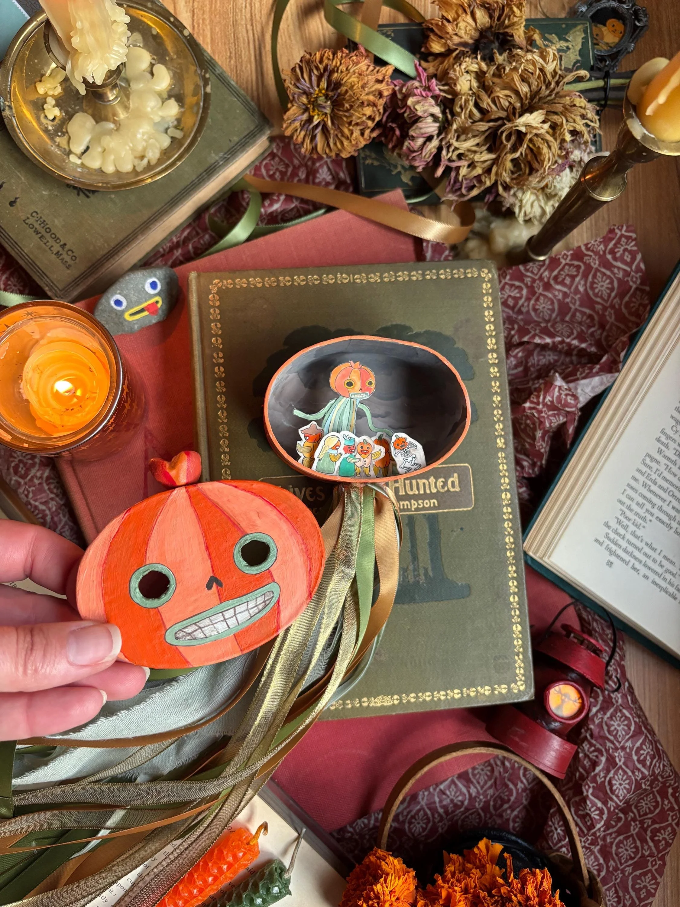 (2/3) Small scenes from Over The Garden Wall crafted in paper and clay inside custom Enoch wall hangings (SOLD)