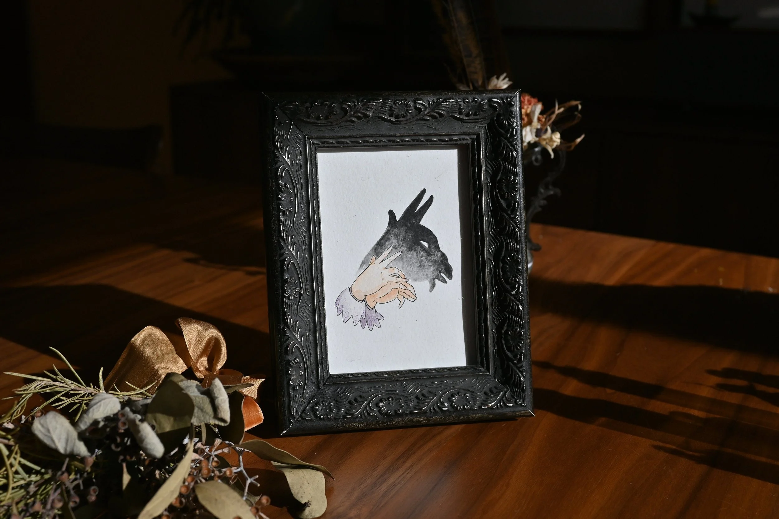 A small painting exploring Victorian hand shadow puppets (SOLD) 