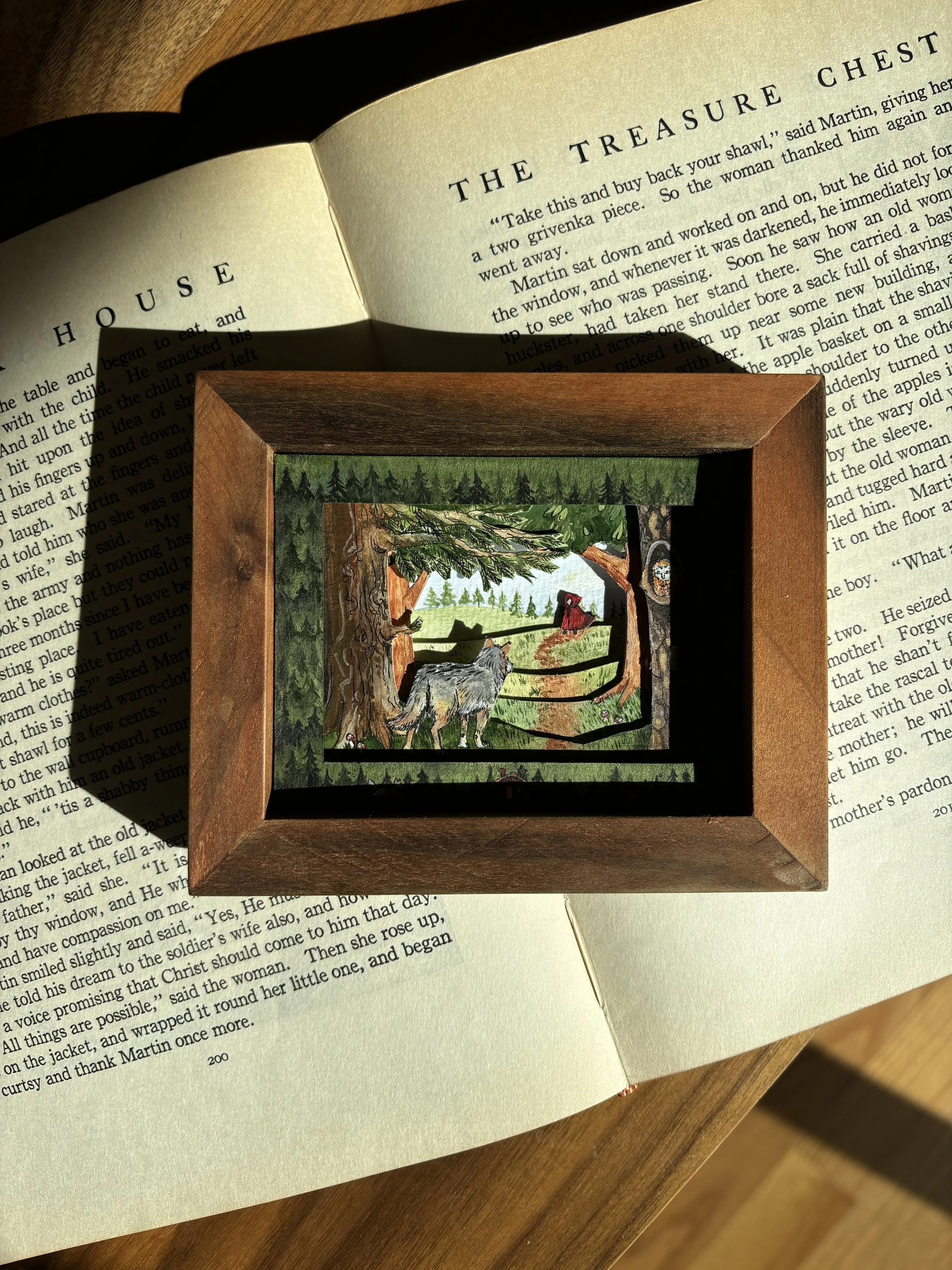 A small, layered painting featuring the story of Little Red Riding Hood for a group show at Ghost Gallery in Seattle, WA (SOLD)
