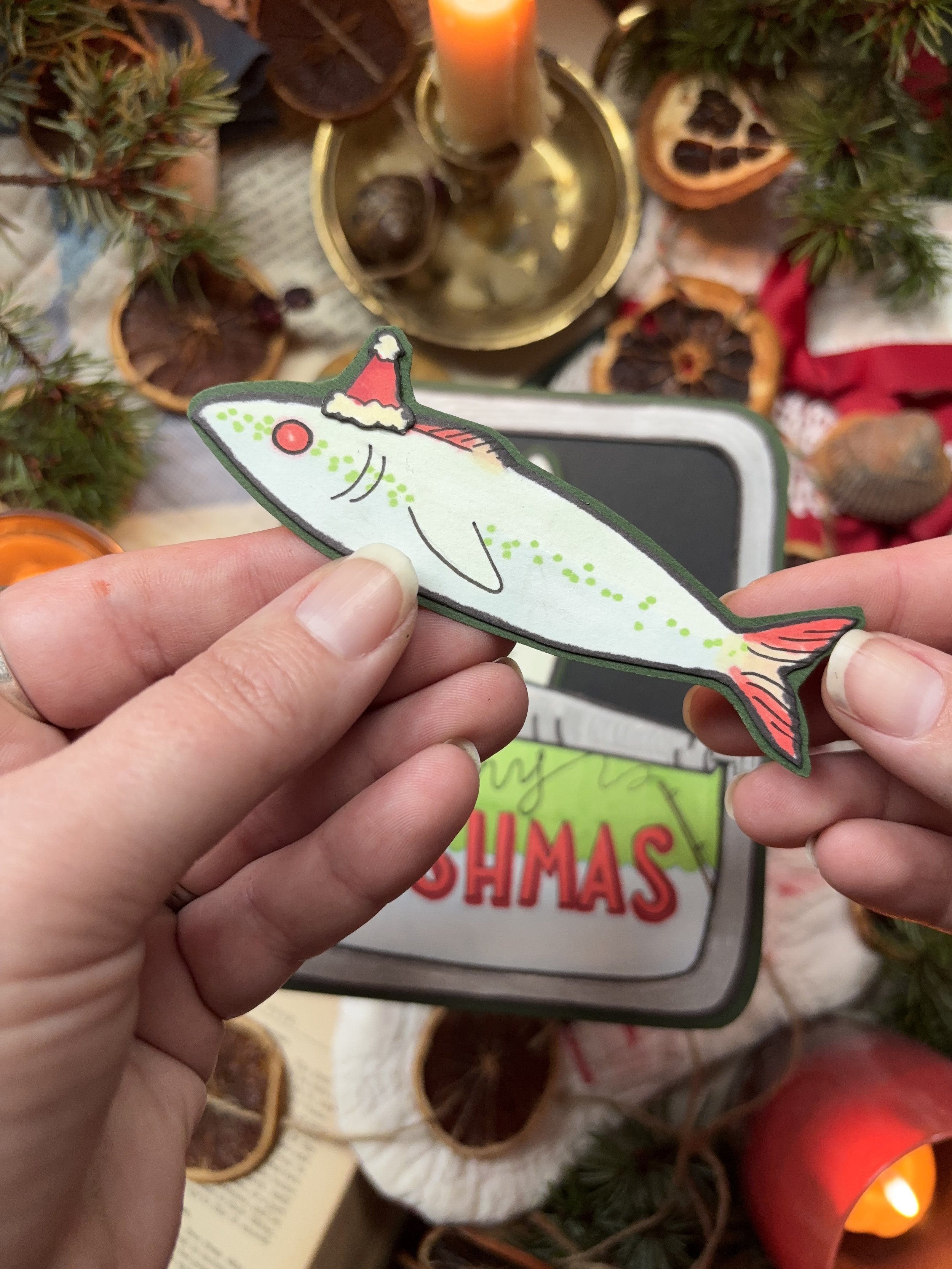 (2/2) Cut paper Christmas card with removable sardines (SOLD) 