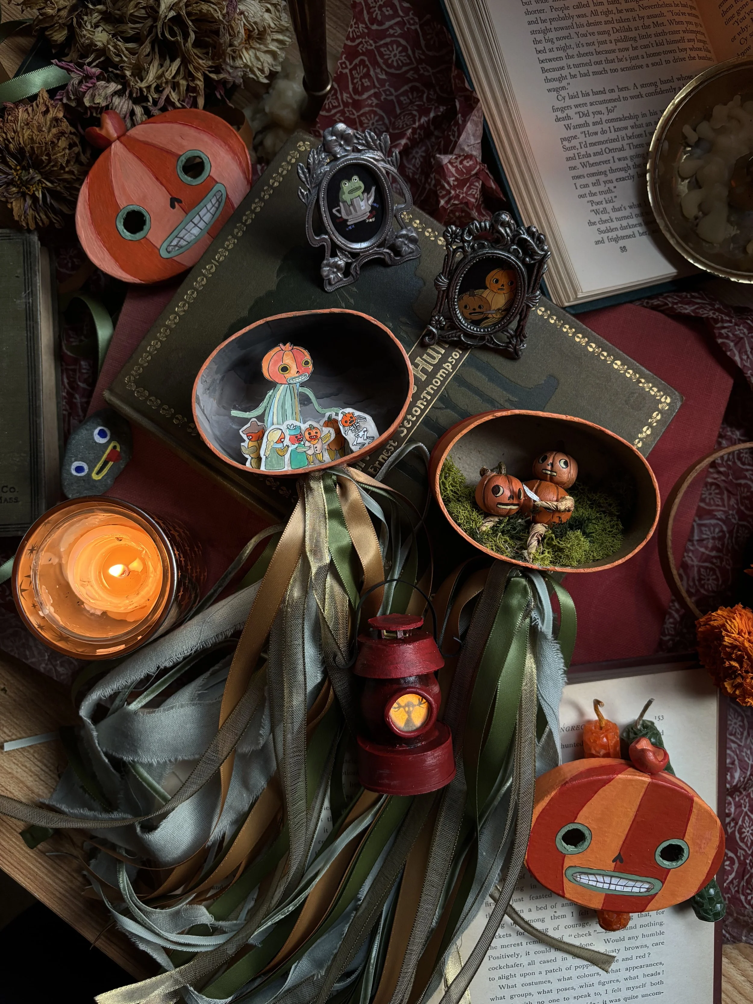 (1/3) Small scenes from Over The Garden Wall crafted in paper and clay inside custom Enoch wall hangings (SOLD)
