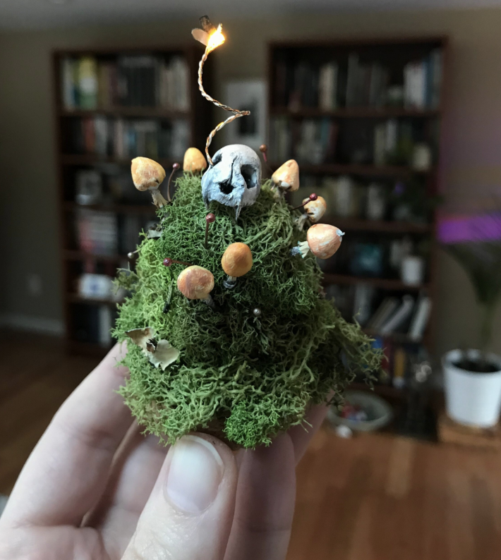 Miniature "Death" sculpture made with clay, LED light, and moss for Ghost Gallery's "Art of the Tarot" group show (AVAILABLE) 