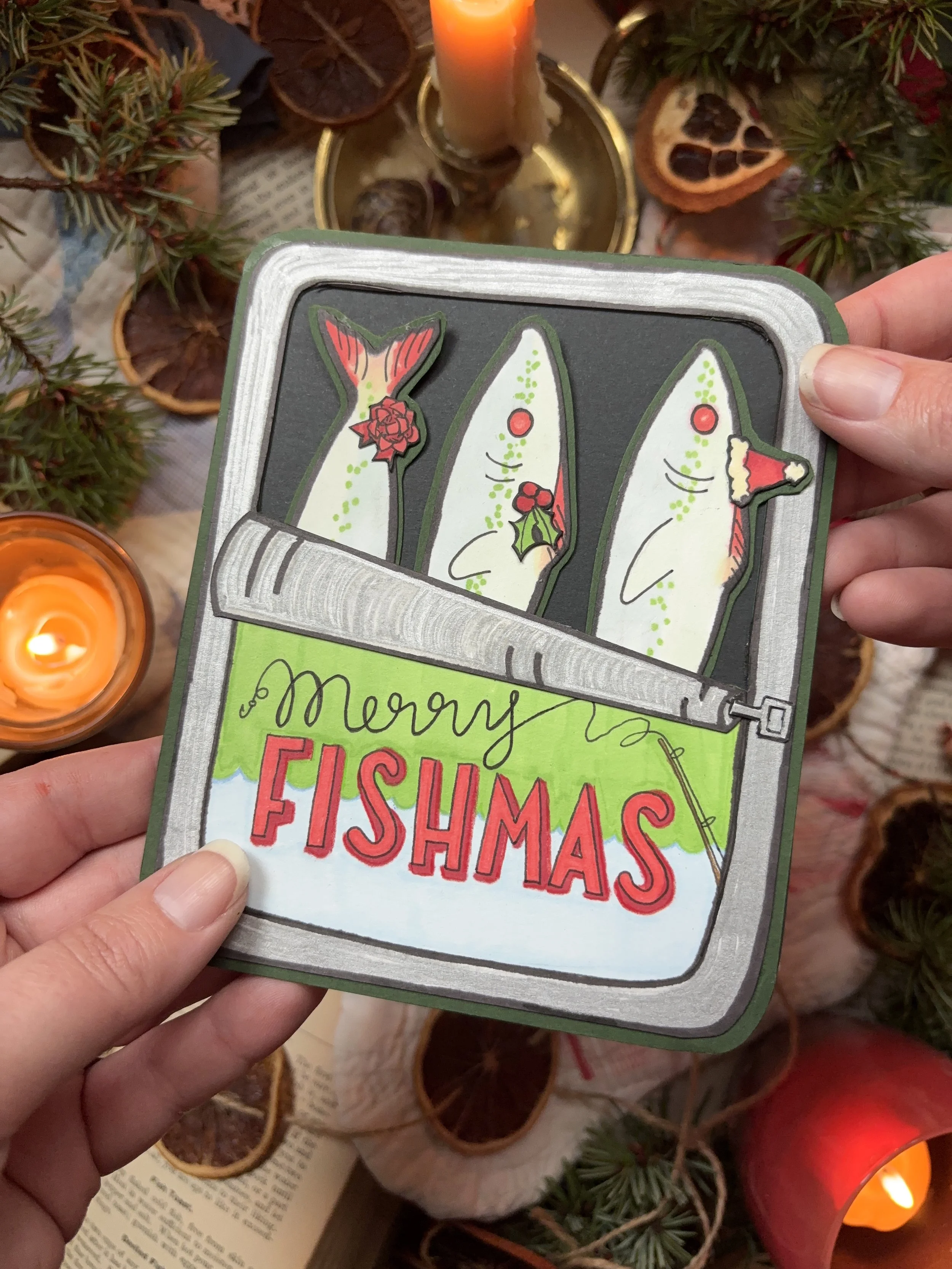 (1/2) Cut paper Christmas card with removable sardines (SOLD) 