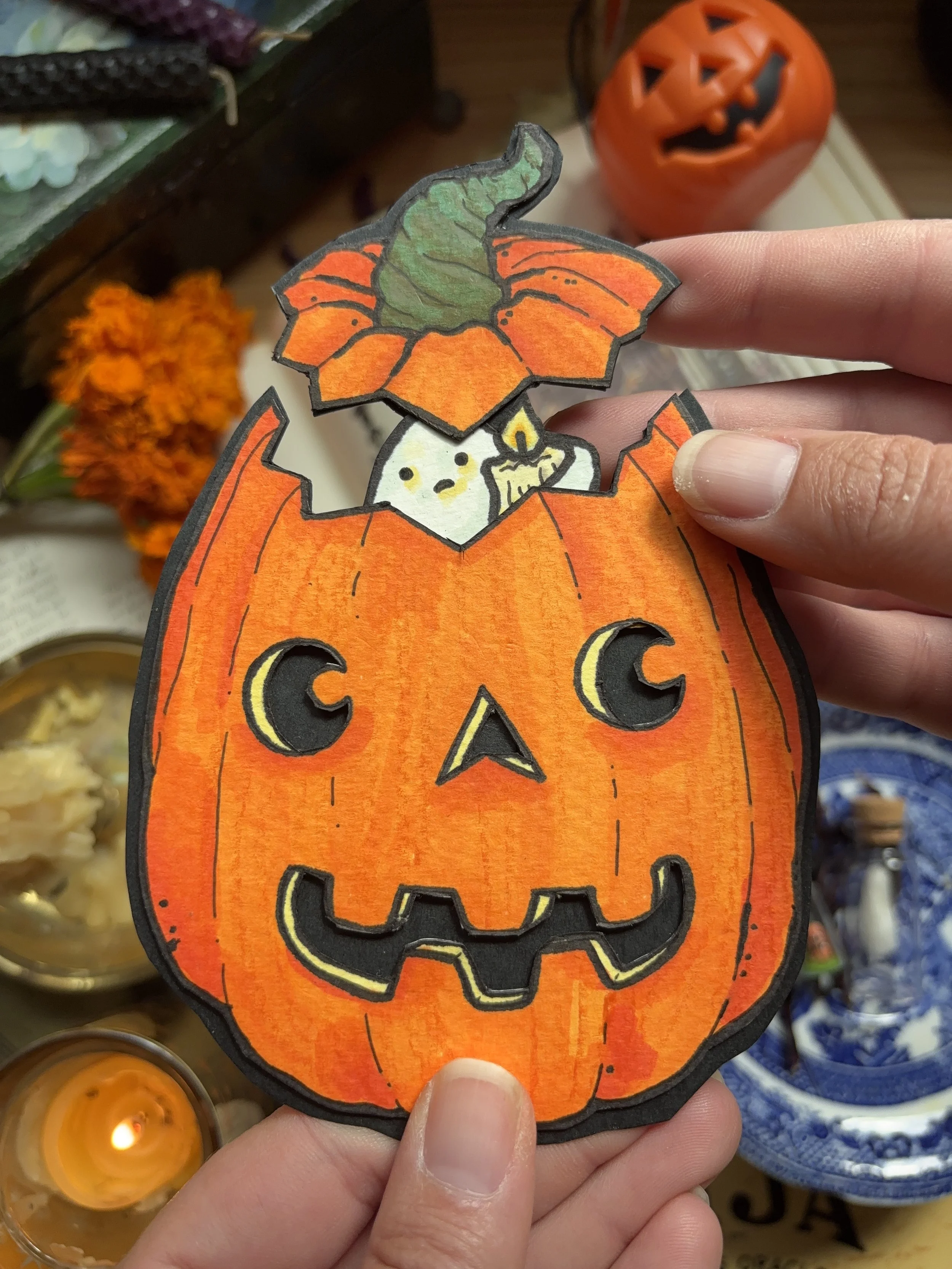 (1/2) Cut and layered paper greeting card with pop-out ghost and candle; the "making of" video for this card went viral on Instagram (SOLD)