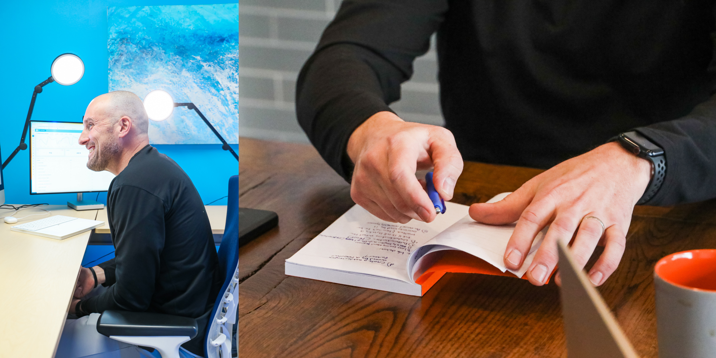 Split image showing a man working at a desk in a modern office on the left and another person writing notes on a notepad on the right.