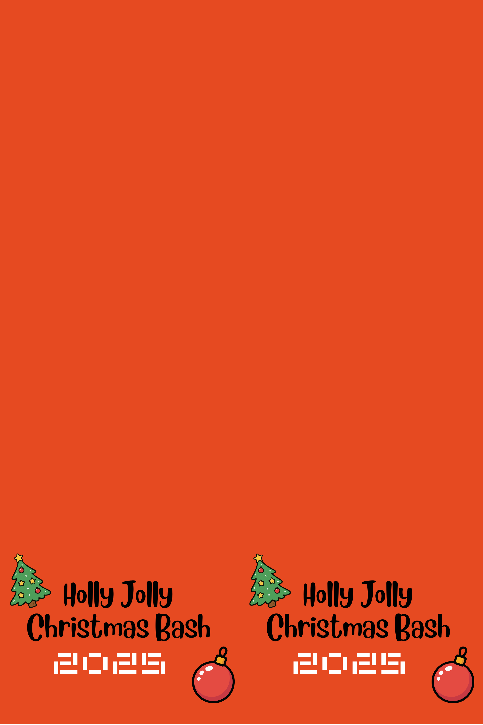 Red holiday party invitation decorated with Christmas trees and ornaments, featuring “Holly Jolly Christmas Bash 12.25.25,” created for SnappyHour photo booth rentals in Arizona.
