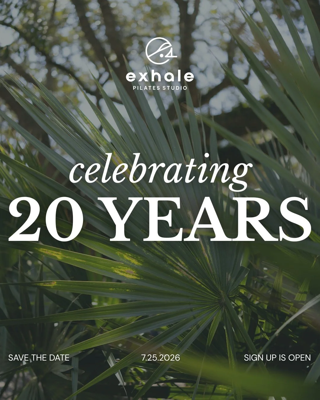 Join us 9am-11am on July 25th as we celebrate 20 years of Exhale ✨

We'll be hosting a special class at Cannon Green, followed by time to connect, celebrate, and enjoy a few of our favorite things.

Spots for class are limited and filling up quickly,