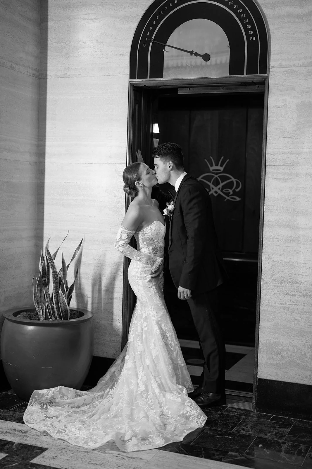 Black and white editorial photo of couple at Chase Park Plaza