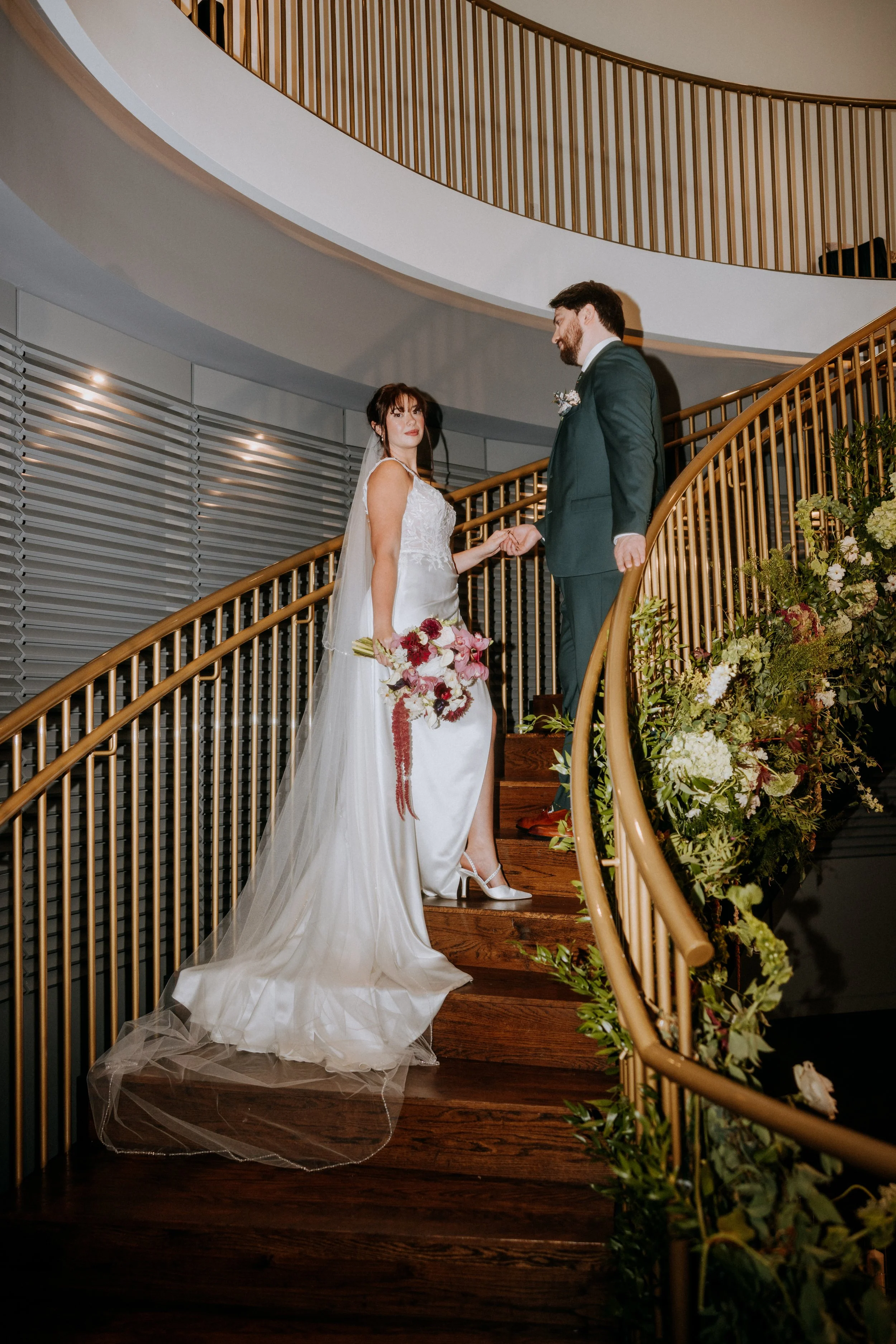 Editorial couple portraits on the stairs of the Dogwood on the Grove 