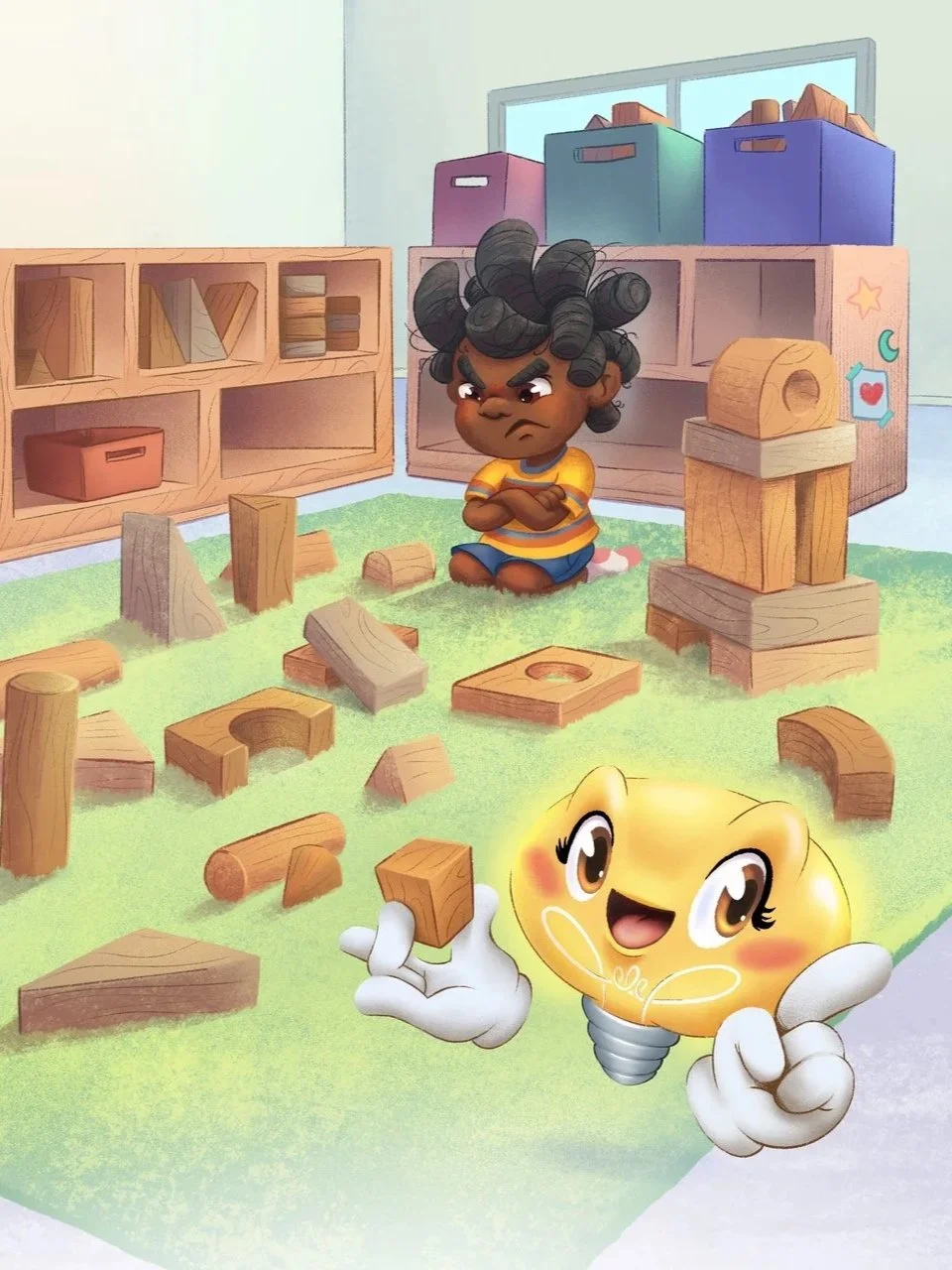 A child seated in a room with wooden blocks and storage bins, playing with building blocks, with animated characters of a lightbulb and a girl with curly hair.