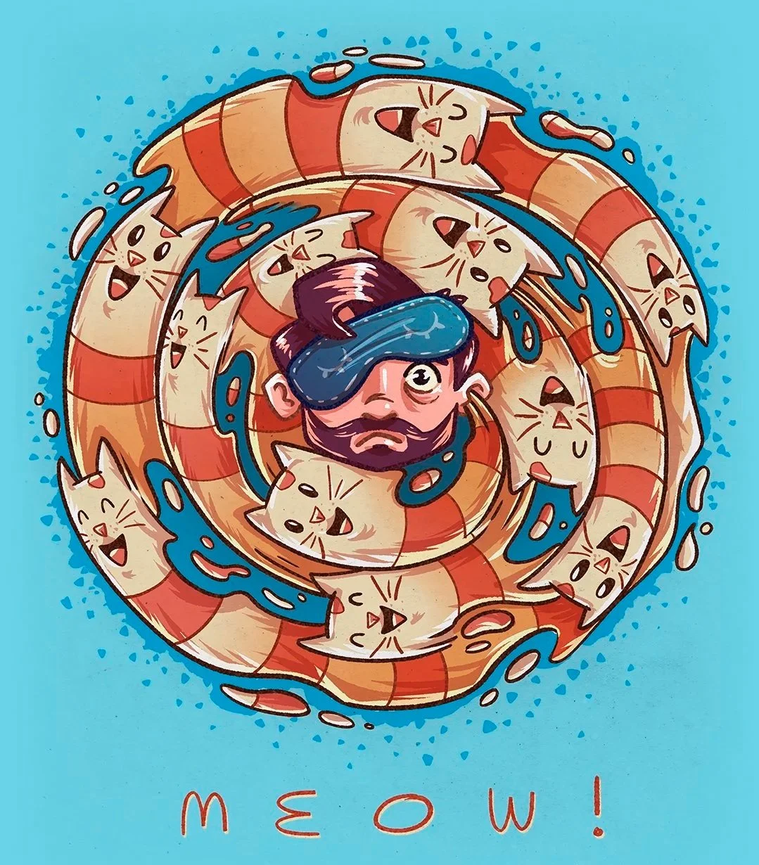 A cartoon illustration of a man with a beard and mustache wearing a diving mask, surrounded by a coiled orange and cream striped cat with a blue liquid splashing around, on a blue background with the word 'MEOW!'