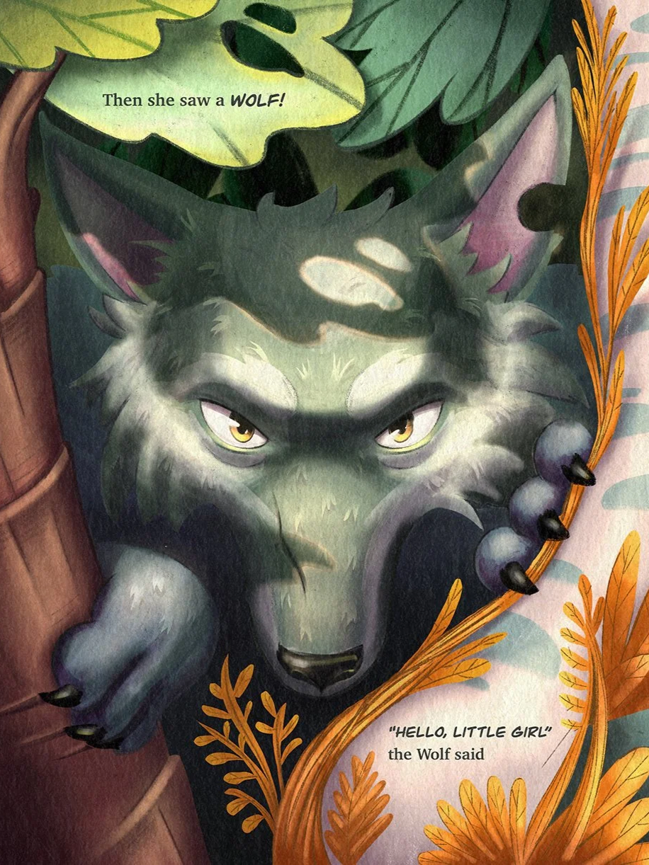 An illustrated storybook scene showing a wolf hiding behind a tree with a growling face, peering out at a small girl and a wolf dressed as Little Red Riding Hood in a forest. The girl is wearing a red hood and coat, holding a basket, and sniffing the