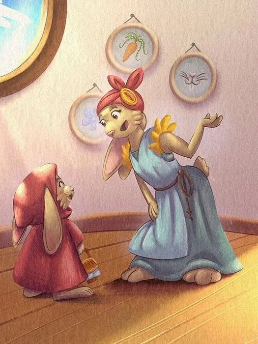 A cartoon scene showing Little Red Riding Hood talking to her mother inside a cozy room with a wood floor and framed herb and cat illustrations on the wall. Outside the window, there is a colorful forest with trees and bushes.