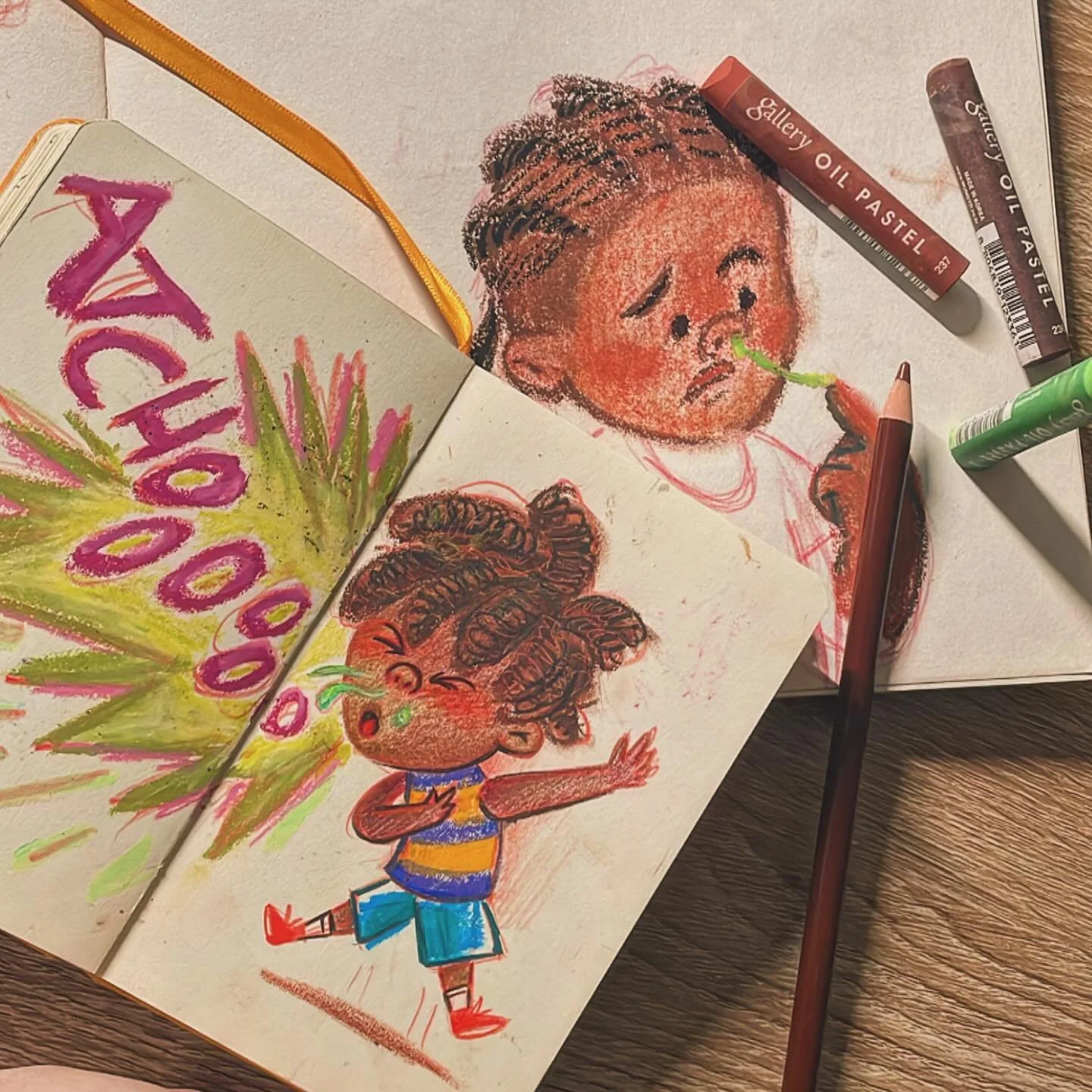 In my happy place studying some style, material, textures&hellip; #softoilpastel #colorpencil #kidlit #childrensbookillustrator

Note: &ldquo;atchim&rdquo; or &ldquo;aTchoo&rdquo; for a sneeze in portuguese&hellip; but &ldquo;achoo&rdquo; (no T) for 