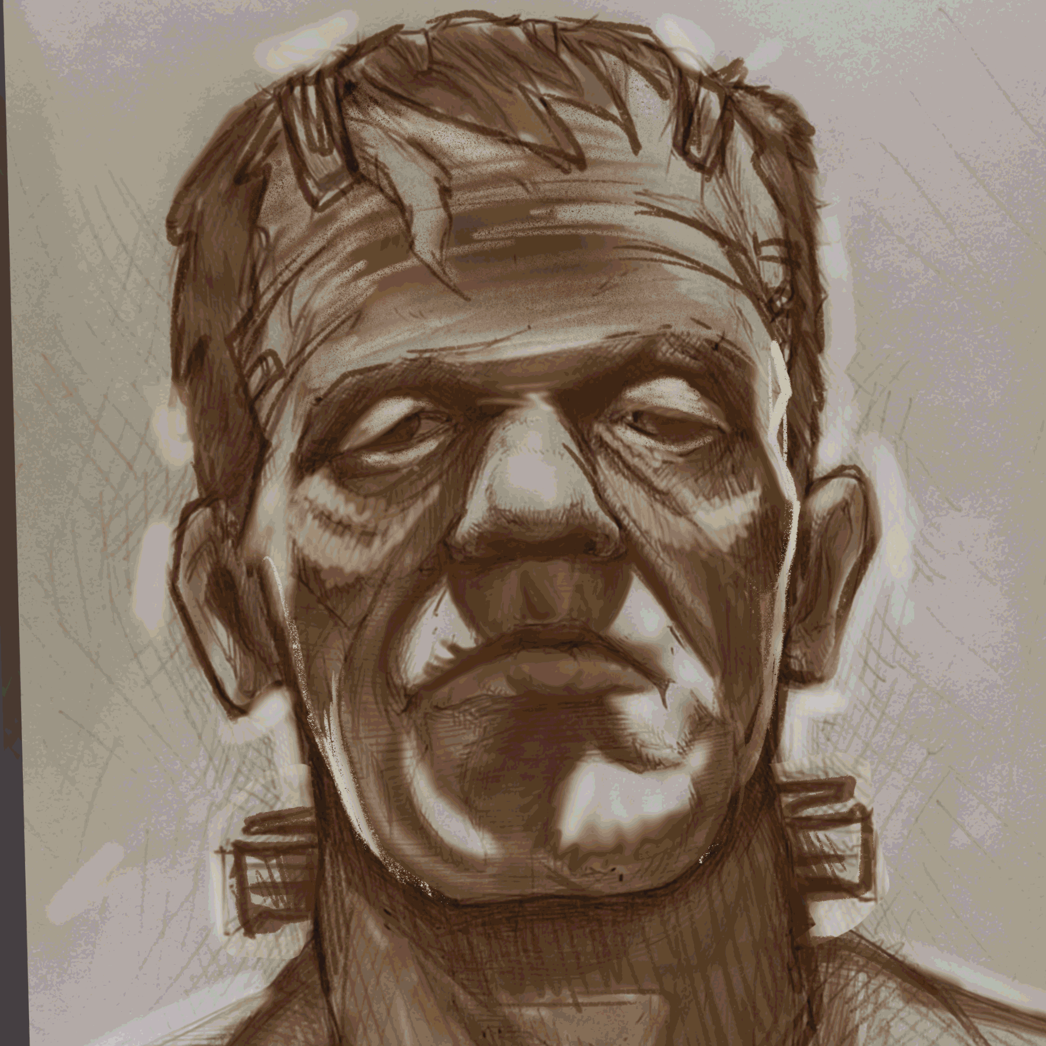 Sketch of an elderly man's face with a serious expression, wearing a headband and jacket.