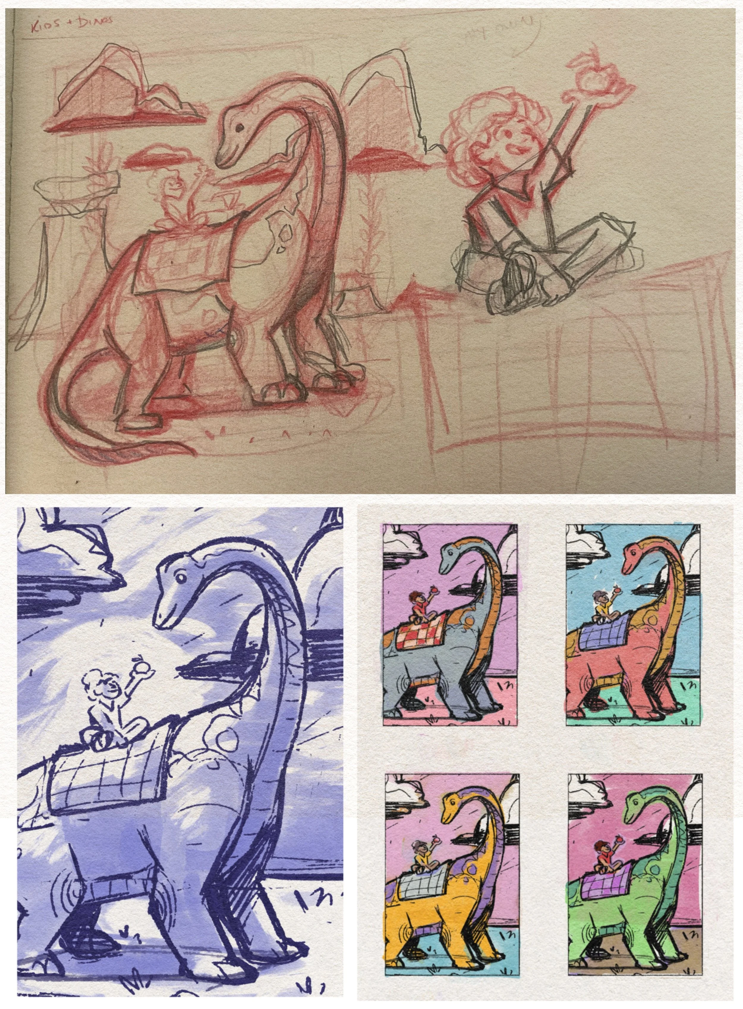 A series of sketches showing a young boy riding on the back of a cartoon dinosaur, with background mountains and clouds. The sketches include a rough red pencil drawing, a blue ink outline, and various colorized versions.