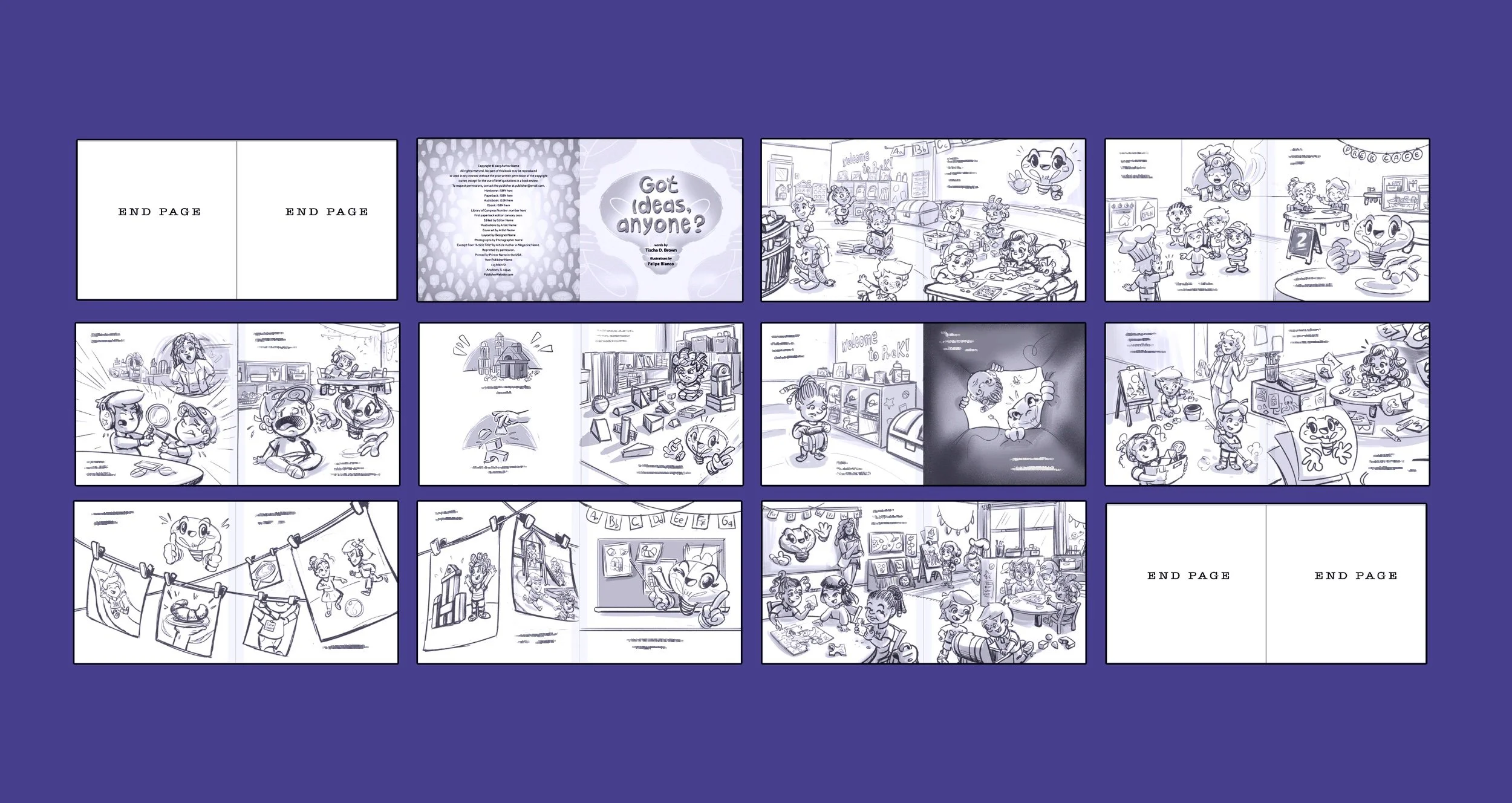 A comic strip with scenes of children at school, an art show, and indoor activities, with some pages labeled 'End Page' and one titled 'Got Ideas, Anyone?'