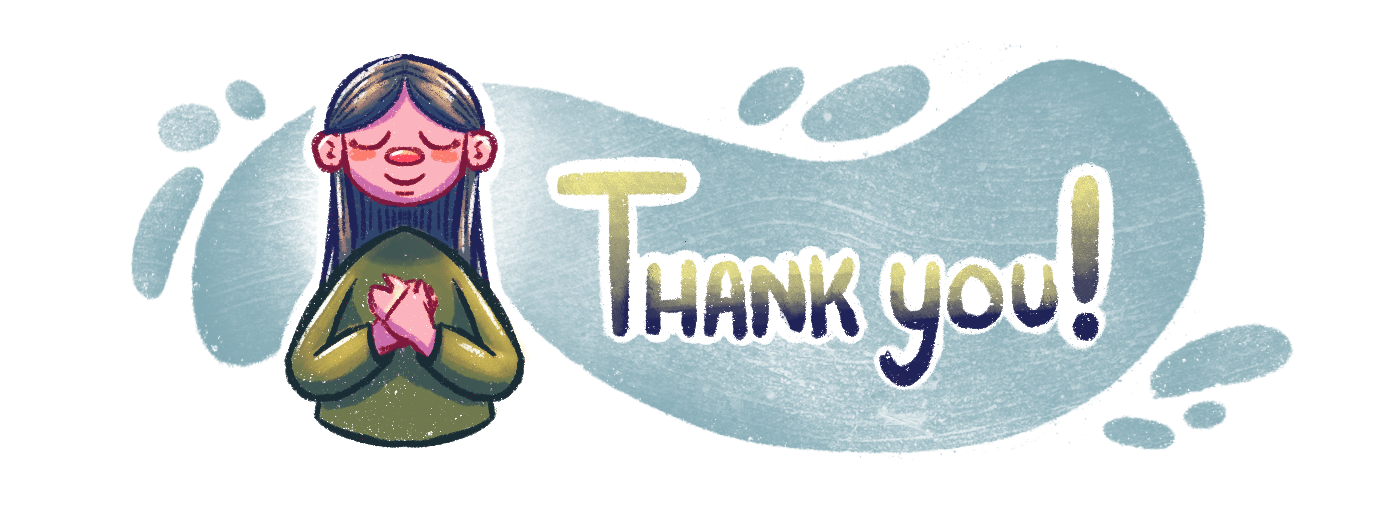 A person with long hair and closed eyes, holding hands over their chest, with a large thank you message in colorful text behind them.