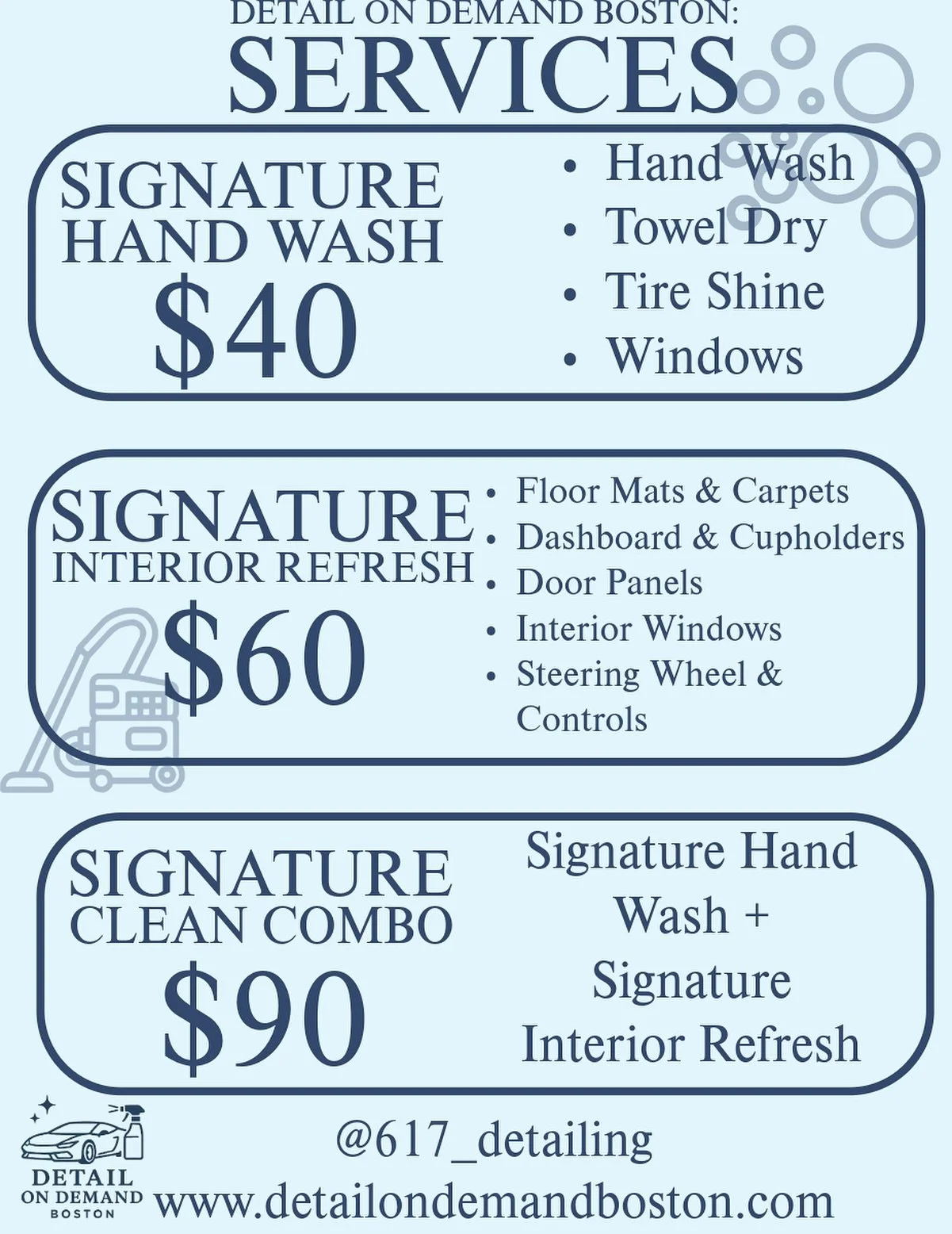 ‼️Check out our updated service menu for the Signature Hand Wash, Interior Refresh, and the ultimate Clean Combo! Whether you’re looking for that perfect shine or a full refresh, we’ve got you covered.
📍Mobile Detailing | Greater Boston