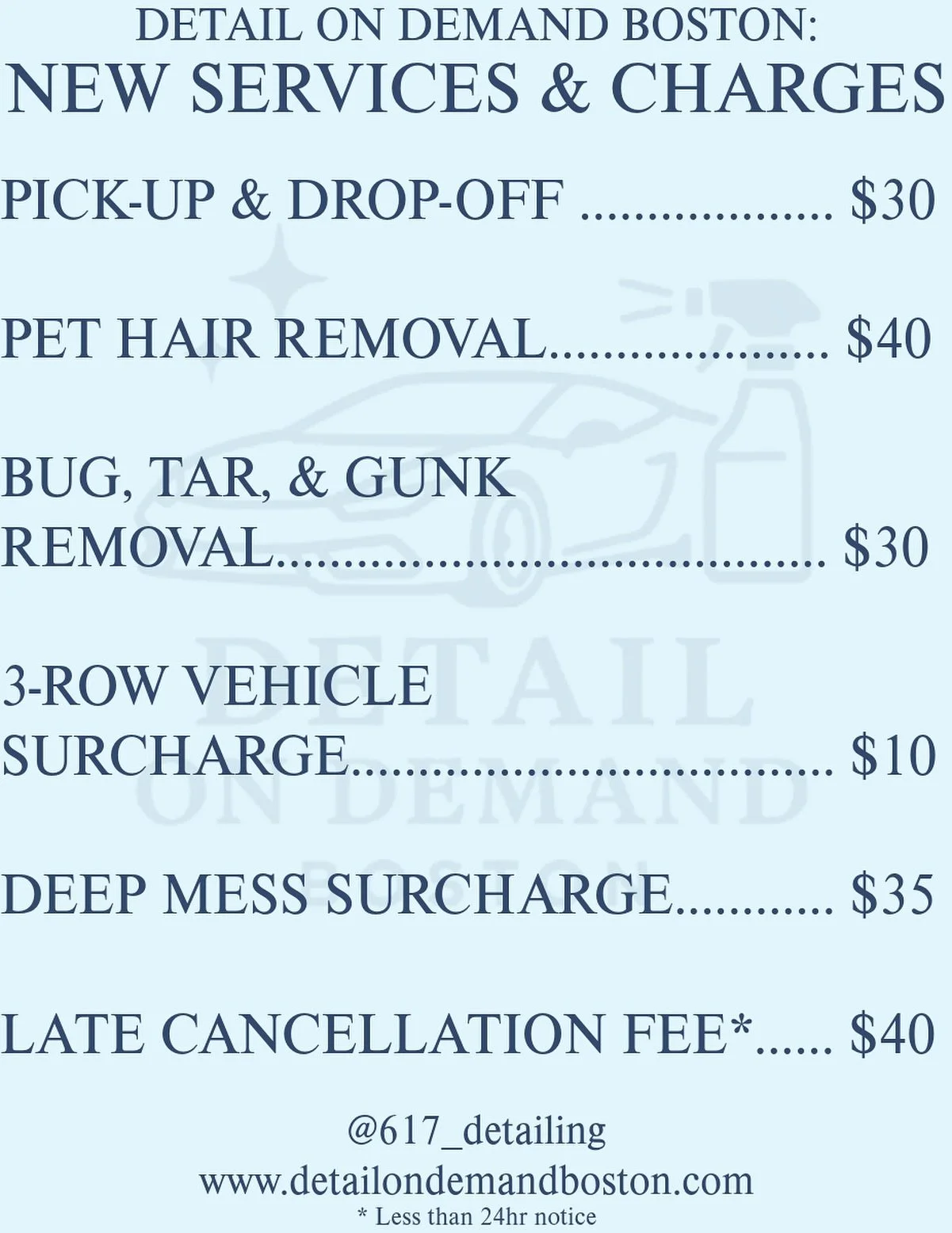 📢 NEW CHARGES & SERVICES NOW ACTIVE
Whether it’s a deep mess, sticky gunk, or pet hair that just won’t budge — we’ve got you covered. These new service charges help us tailor each job to your car’s needs and keep e