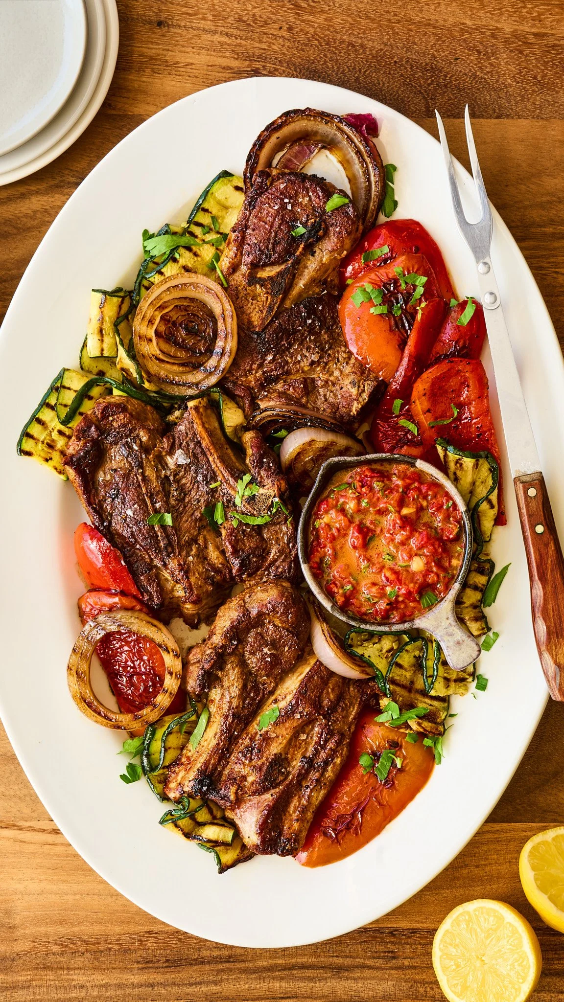 Grilled American Lamb Shoulder Chops with Red Chimichurri