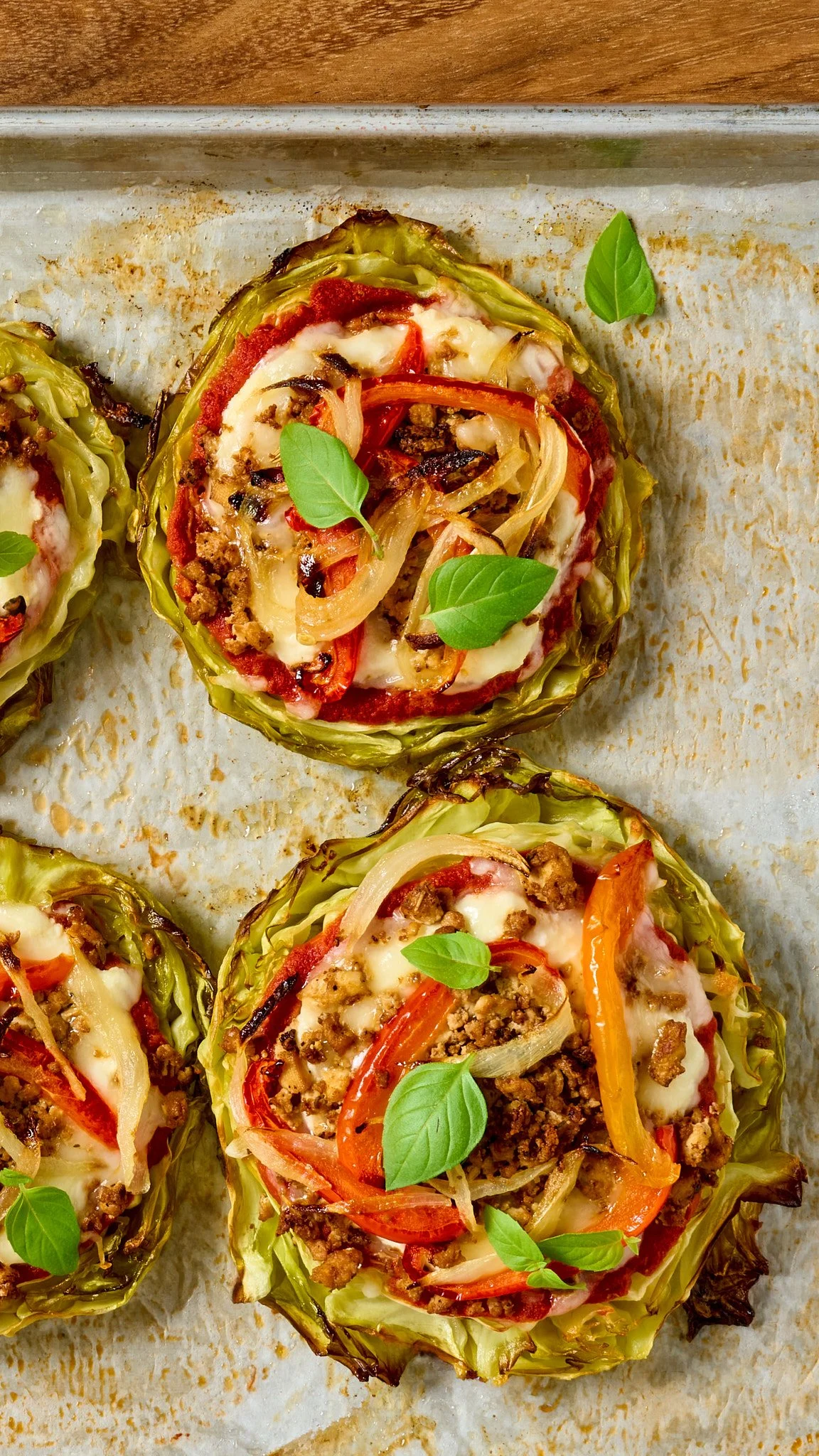 Sheet-Pan Cabbage Pizzas with “Sausage” Crumbles and Peppers