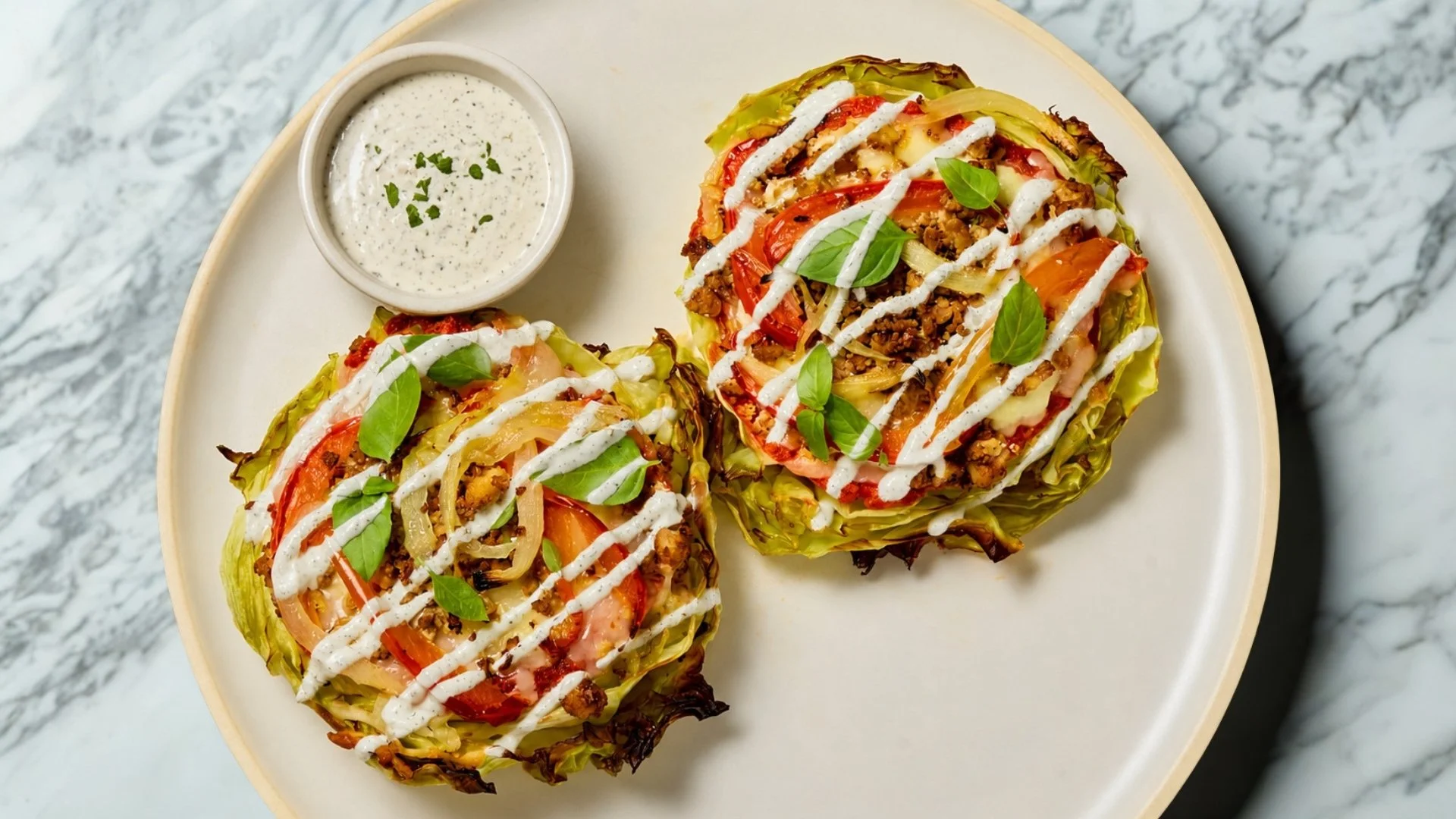 Sheet-Pan Cabbage Pizzas with “Sausage” Crumbles and Peppers