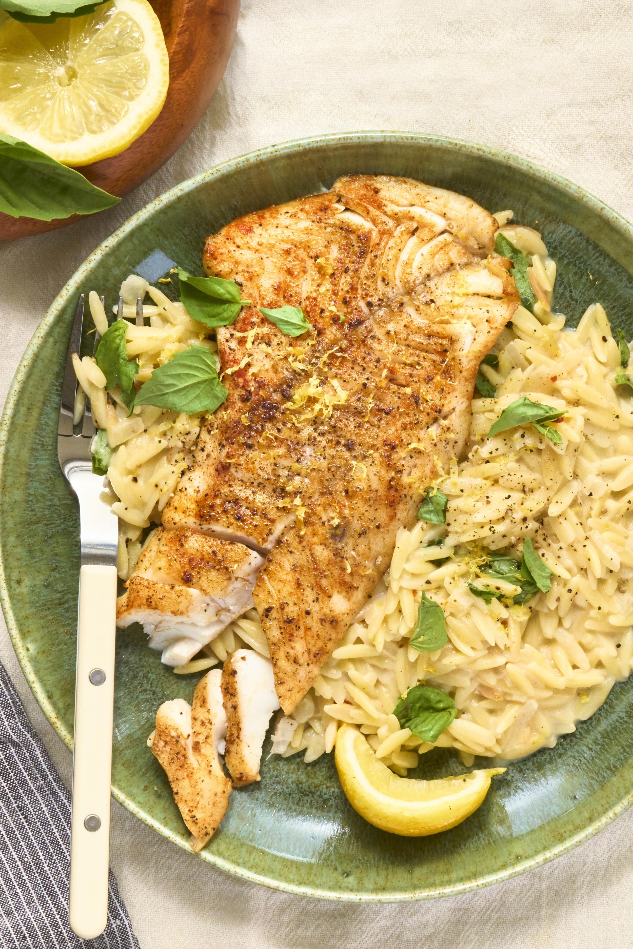 Air Fryer Rockfish with Lemon-Basil Orzo