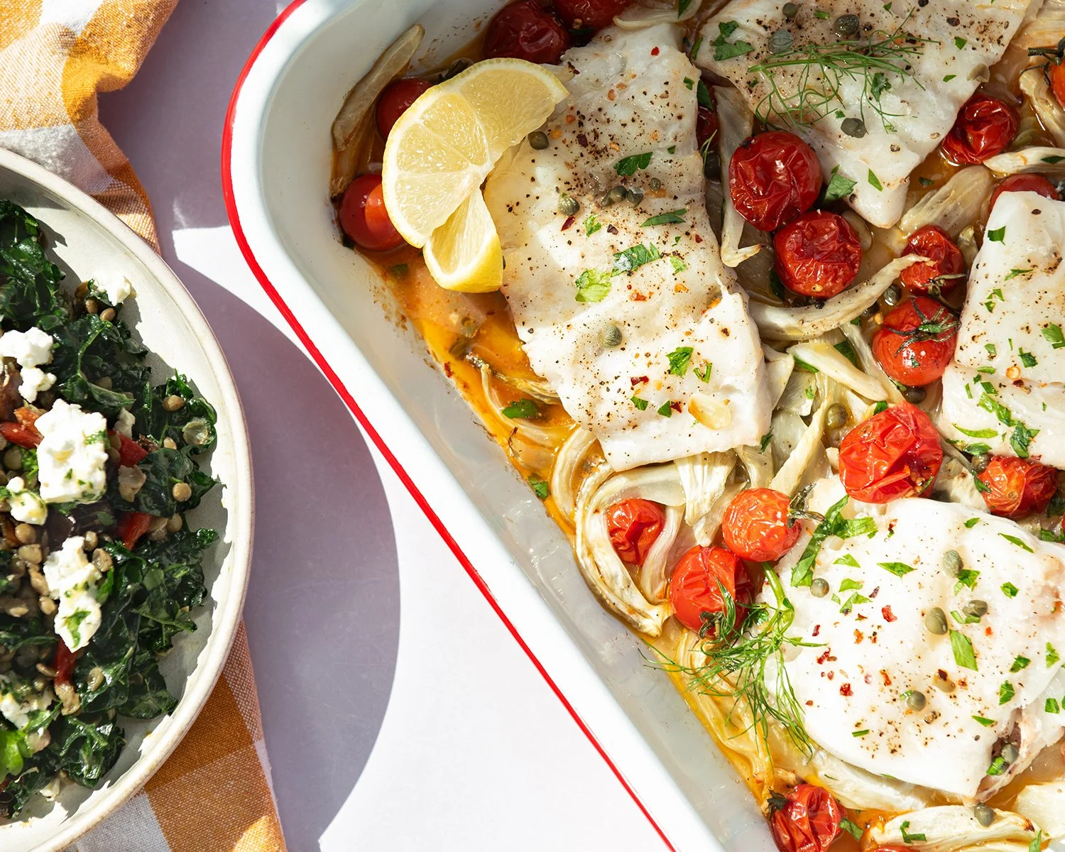 Easy Mediterranean Cod with a Warm Lentil Salad